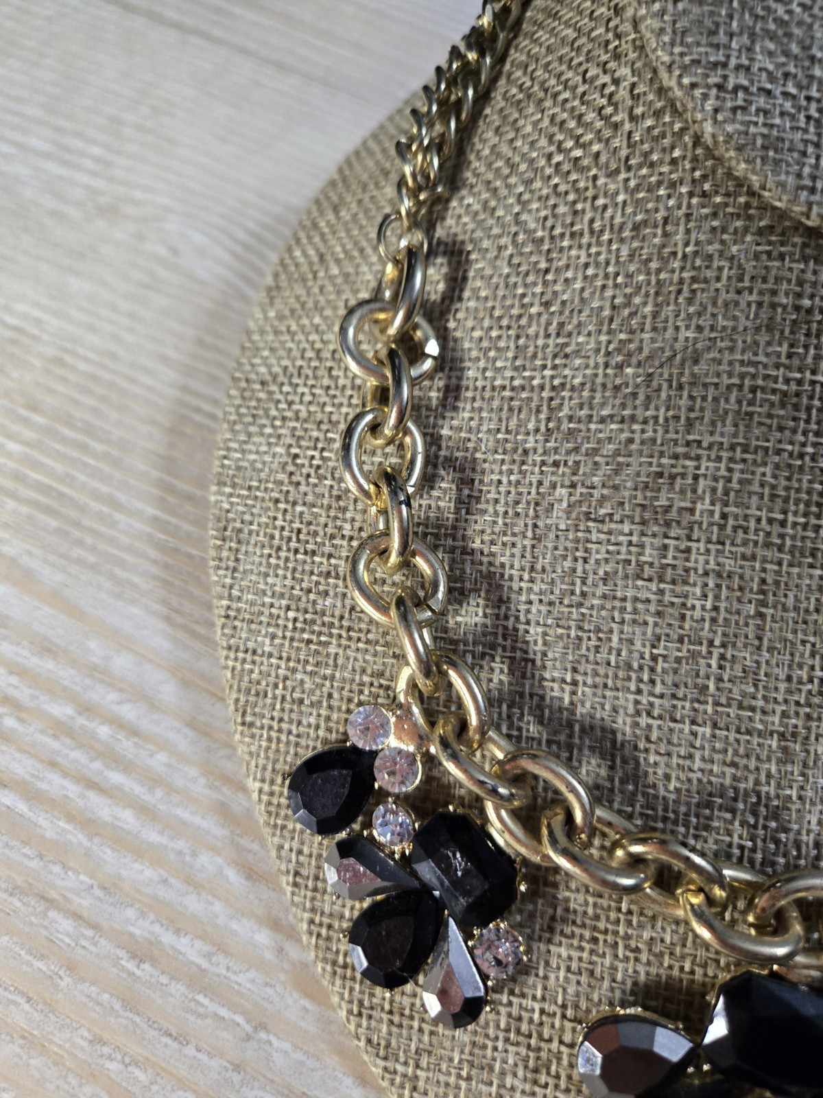 Gold Tone Statement Bib Necklace Black Crystal Rhinestone Floral Cluster Bold