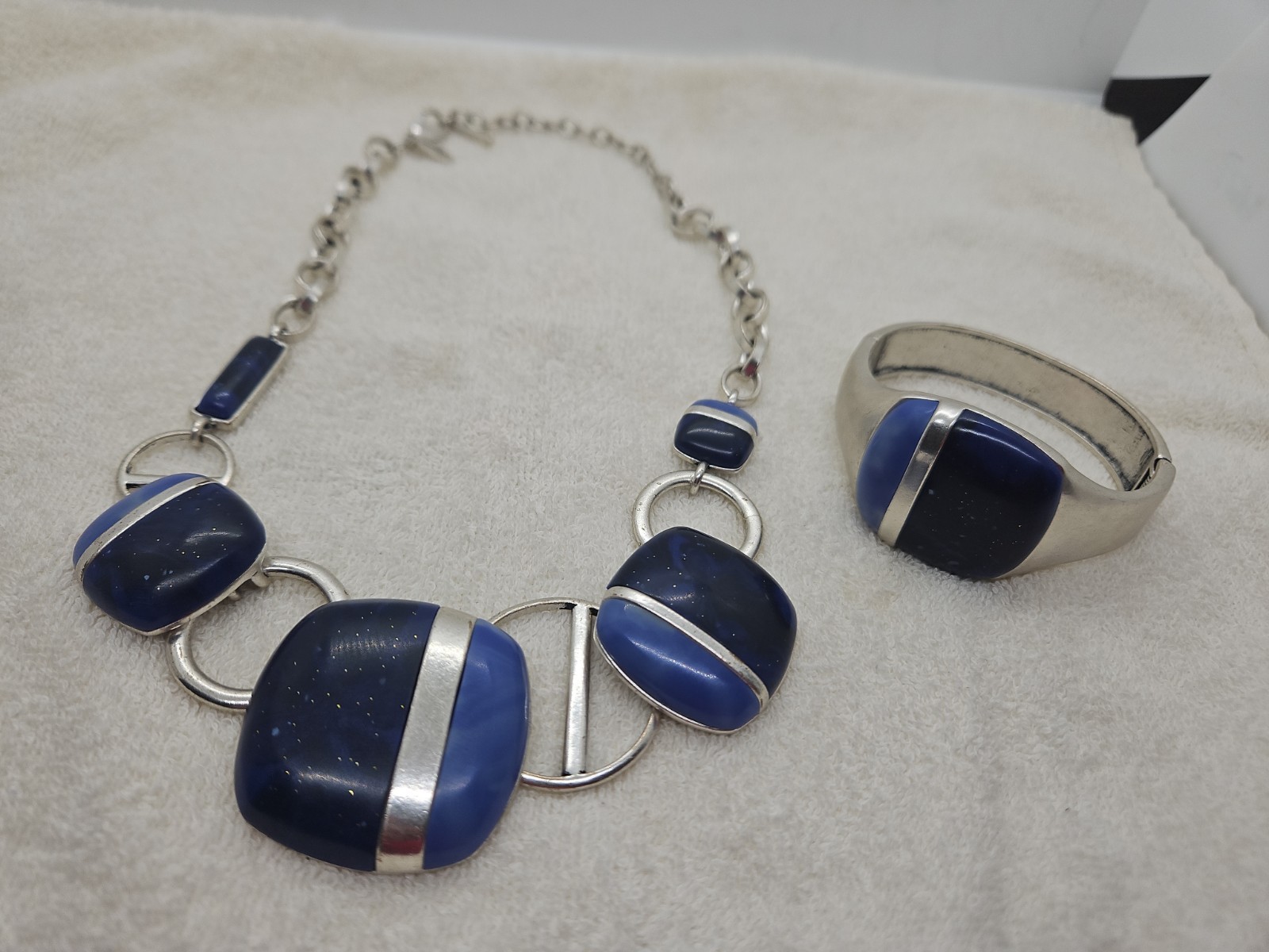 CHICO’S Lovely Lapis Blue 🧿 Matt Silver-Tone 10″L Necklace + Bracelet