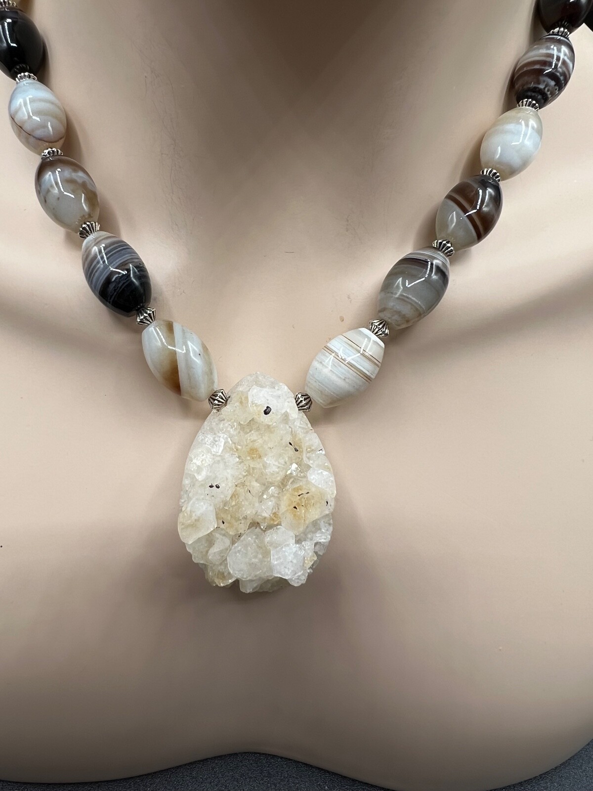 NATURAL DRUSY QUARTZ PENDANT WITH BOSTWANA AGATE BEAD NECKLACE EARRING SET