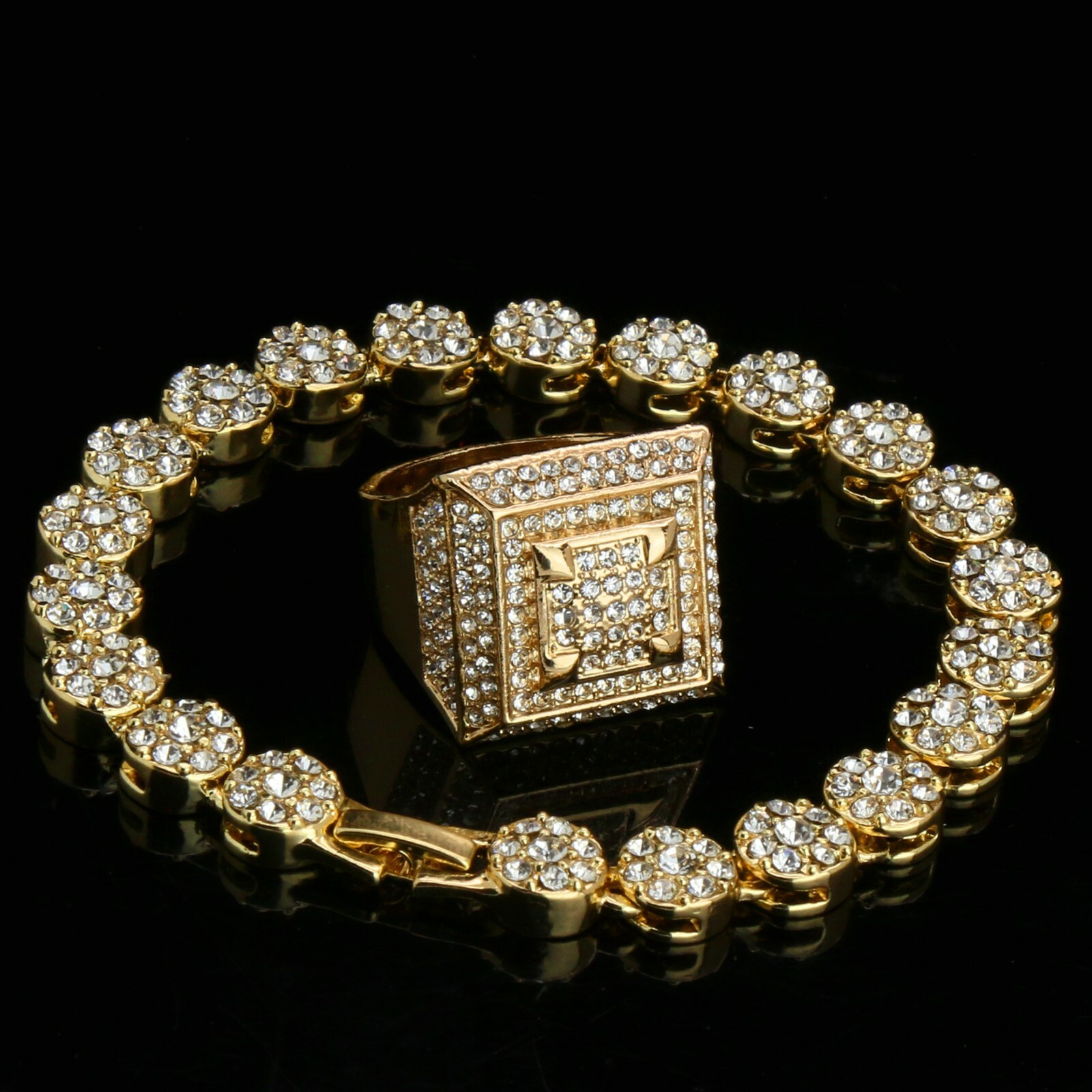 Men’s Gold Plated Iced Cubic-Zirconia Hip-Hop Round Flower Bracelet 3D Dome Ring