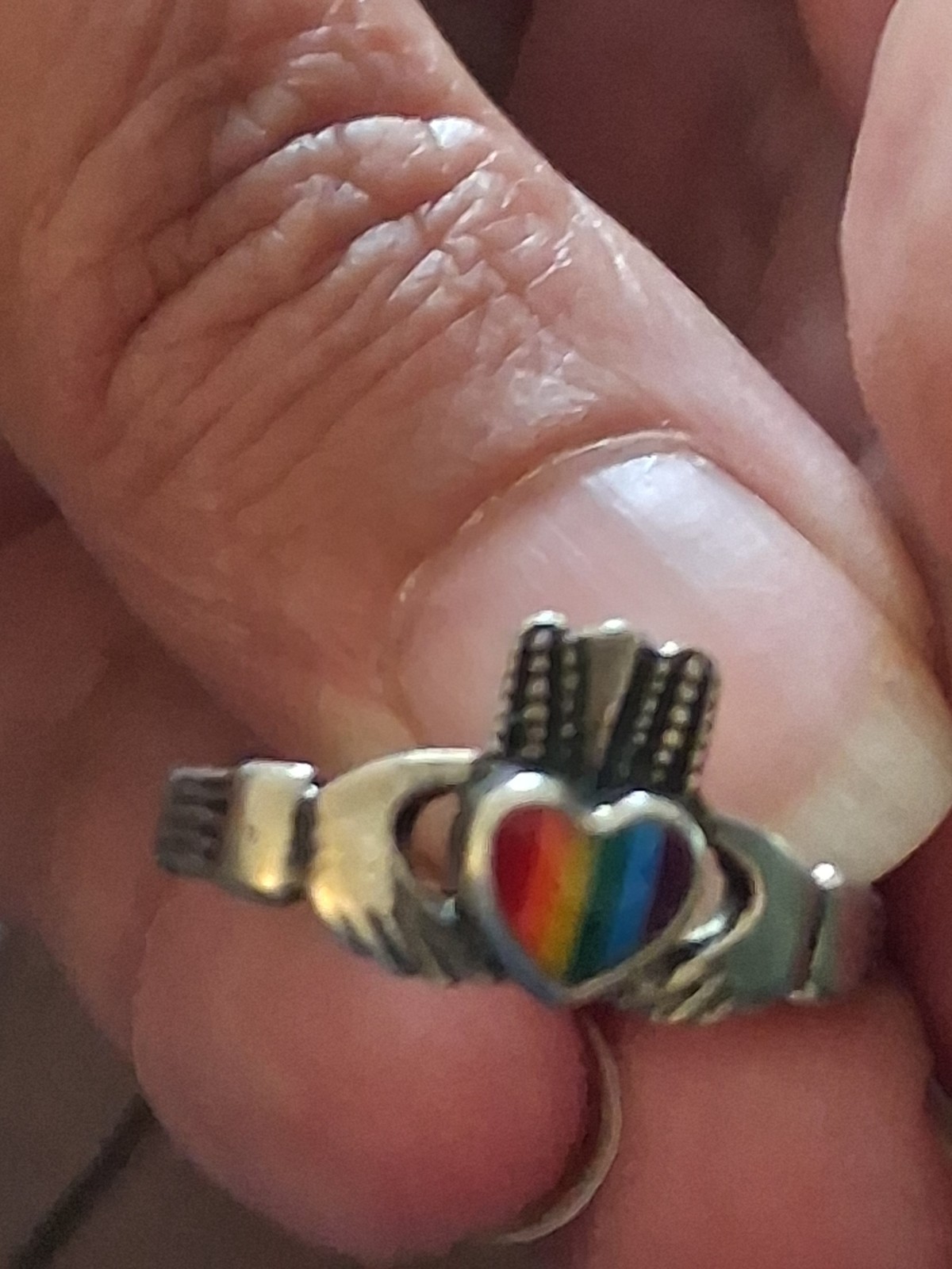 Size 8 Vintage Irish Claddagh Sterling Silver 925rainbow enamel heart Ring