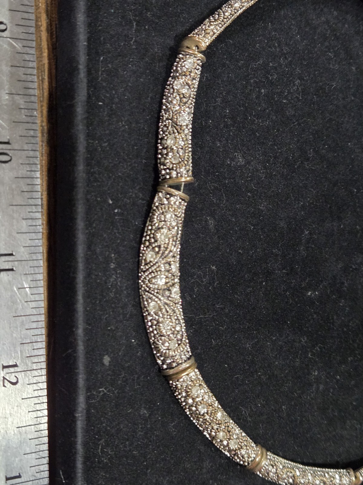Chico’s Antique Silver Tone Marcasite Rhinestone Collar Choker Necklace Ribbon