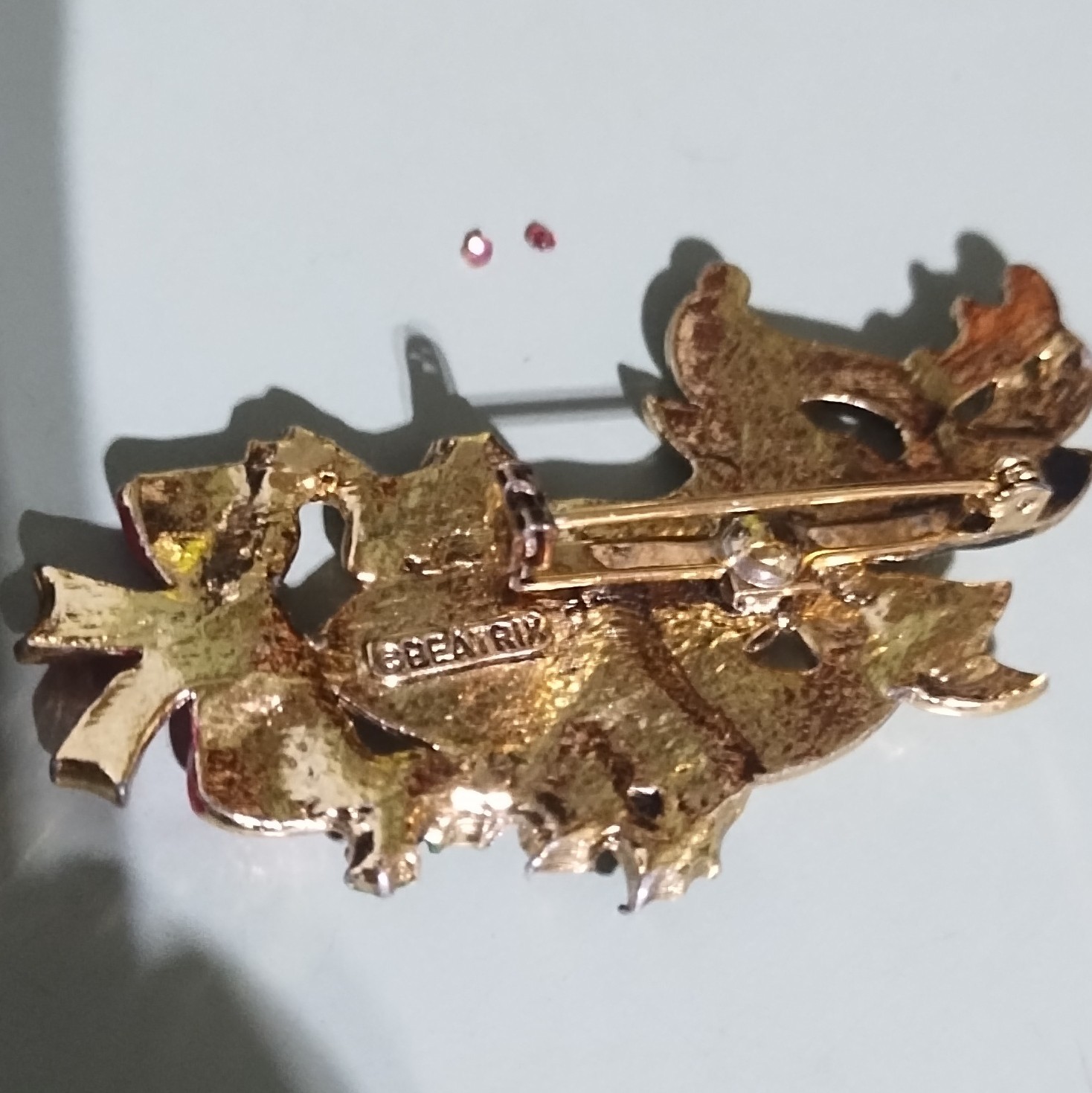 Beatrix Signed Reindeer Christmas Brooch Gold Tone Enamel Rhinestones