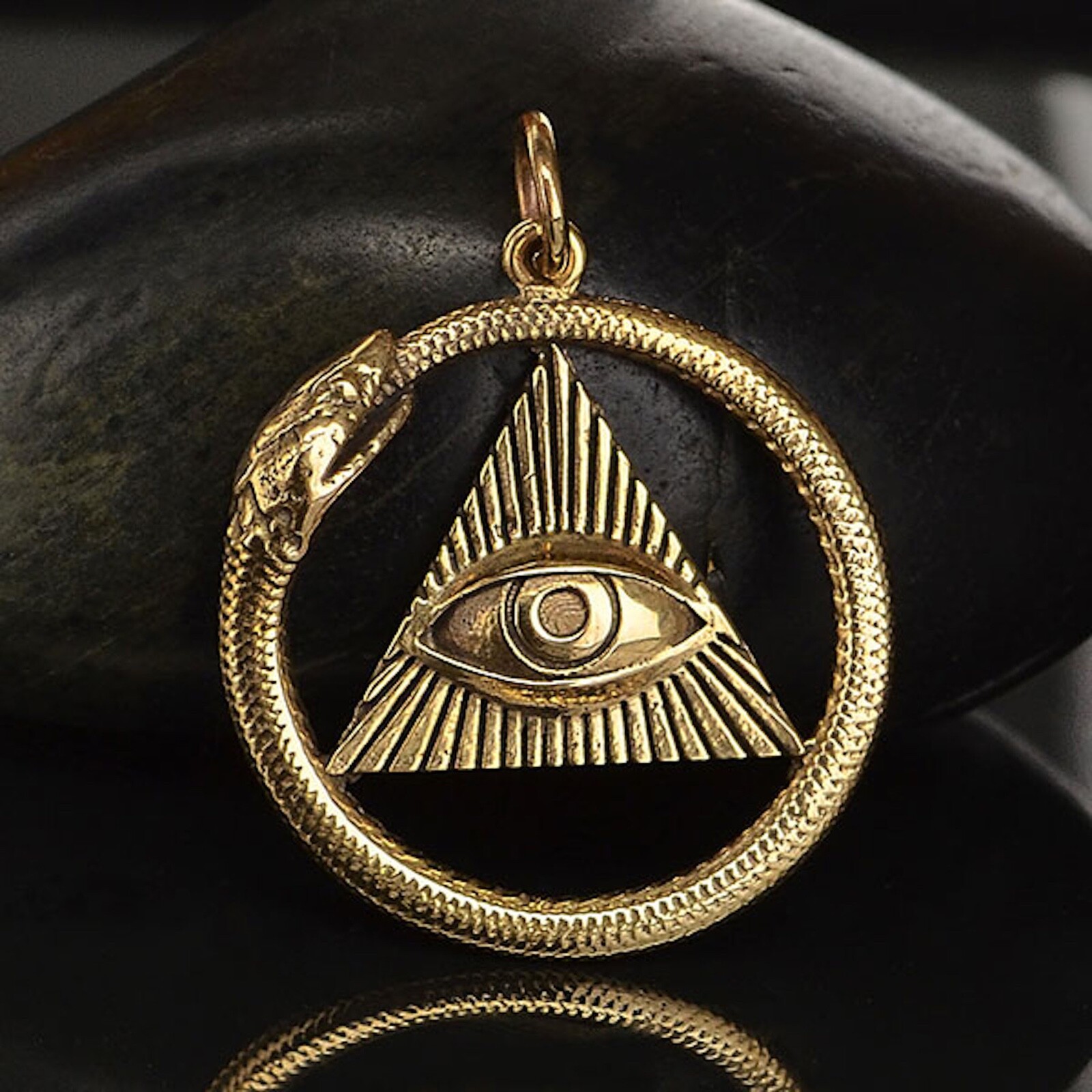Bronze Ouroboros Pendant Snake All Seeing Eye Charm Serpent Gold Necklace B7023