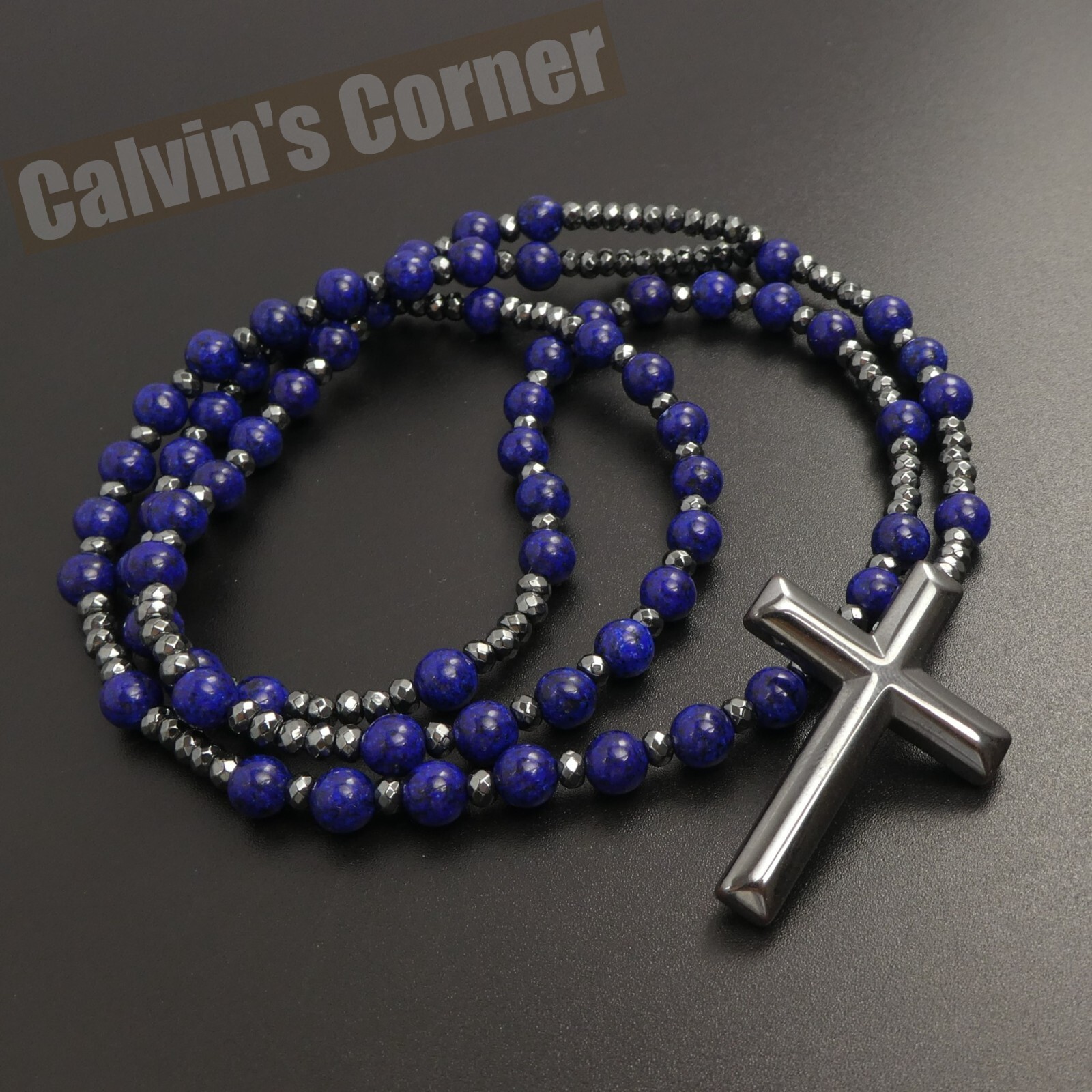 Lapis Lazuli Black Hematite Rosary Necklace Catholic Christ Cross Men Women Gift