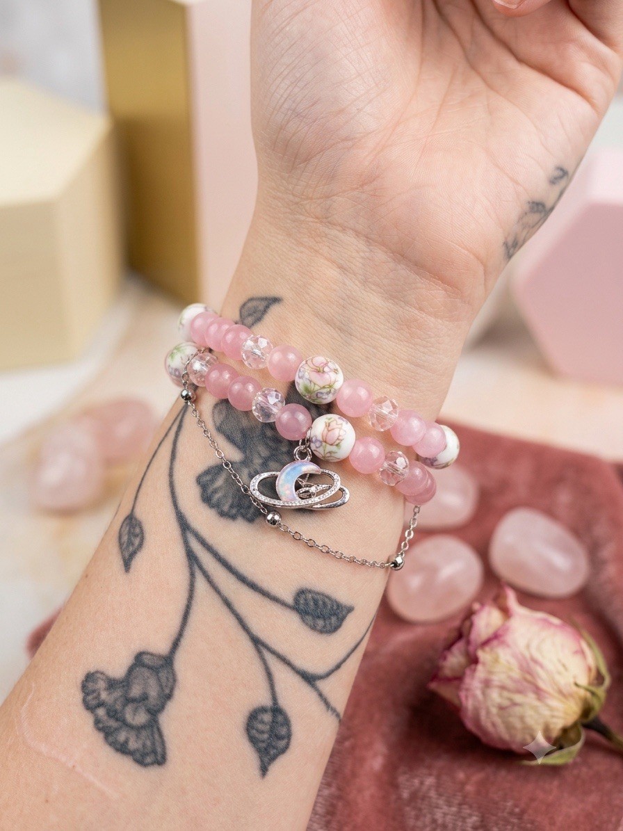 Pink Glass Round Beaded Charm Bracelet Stackable Moon charm Watch band 38/40/41m