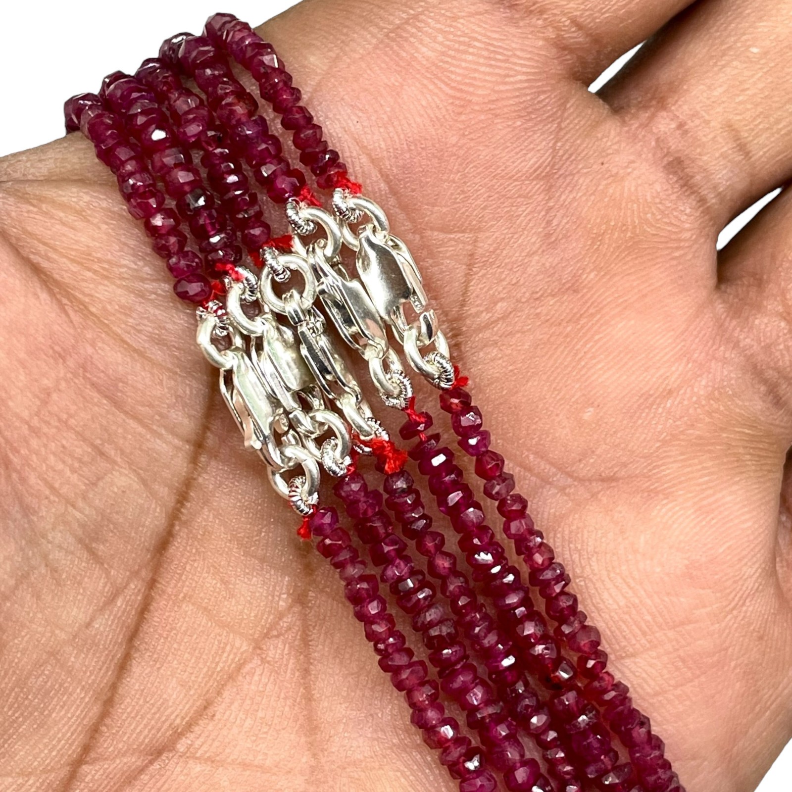 18″ Natural Ruby Necklace 2.5-5mm Sparkling Red Faceted Beads 925 Silver Clasp