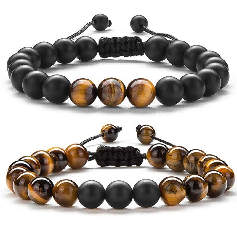 2Pcs Mens 8mm Tiger Eye Matte Agate Bracelet Set Gift for Dad Grandpa