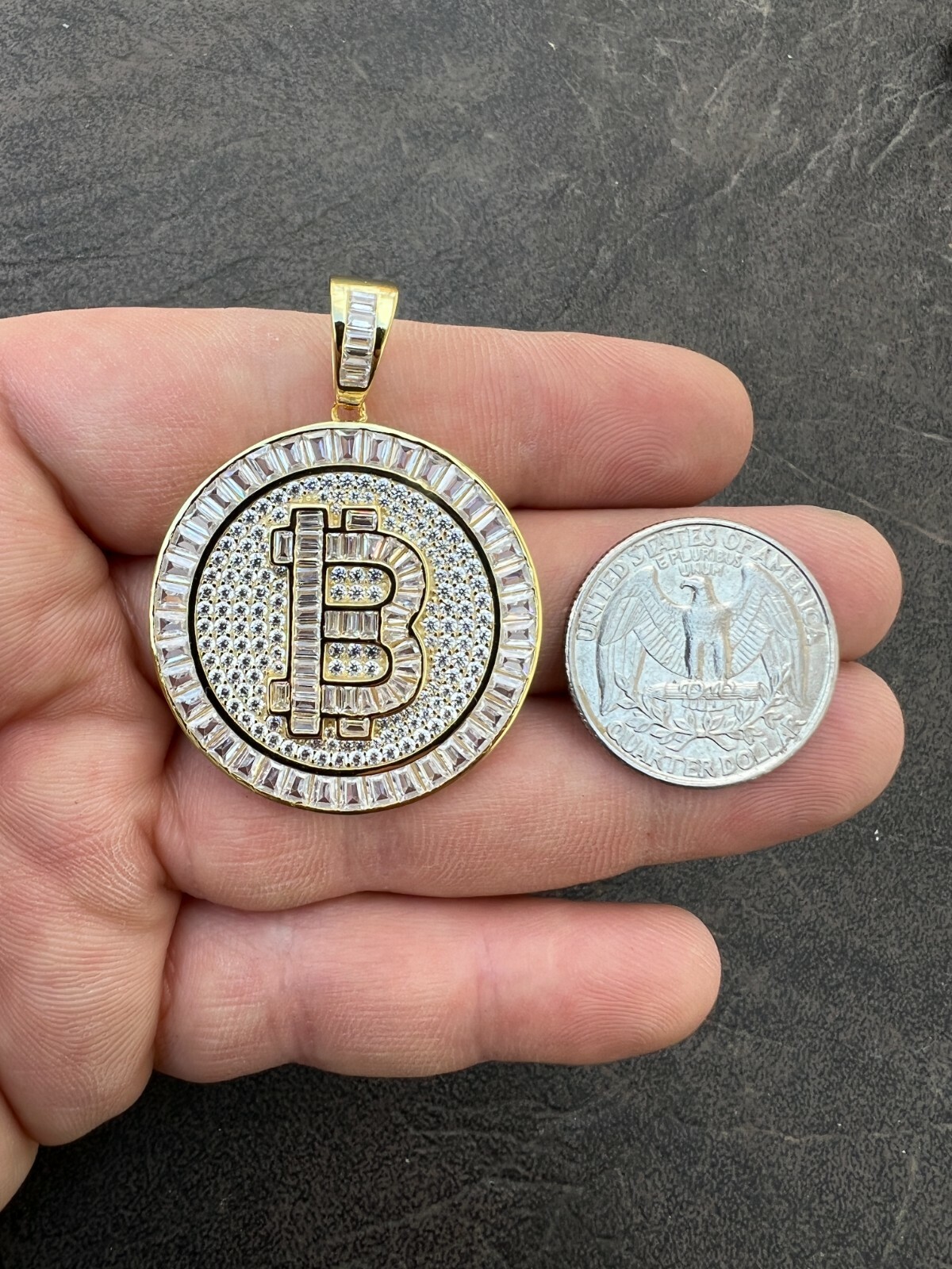Solid 925 Silver 14K Gold Plated Bling Out BITCOIN CZ Hip Hop Pendant Necklace