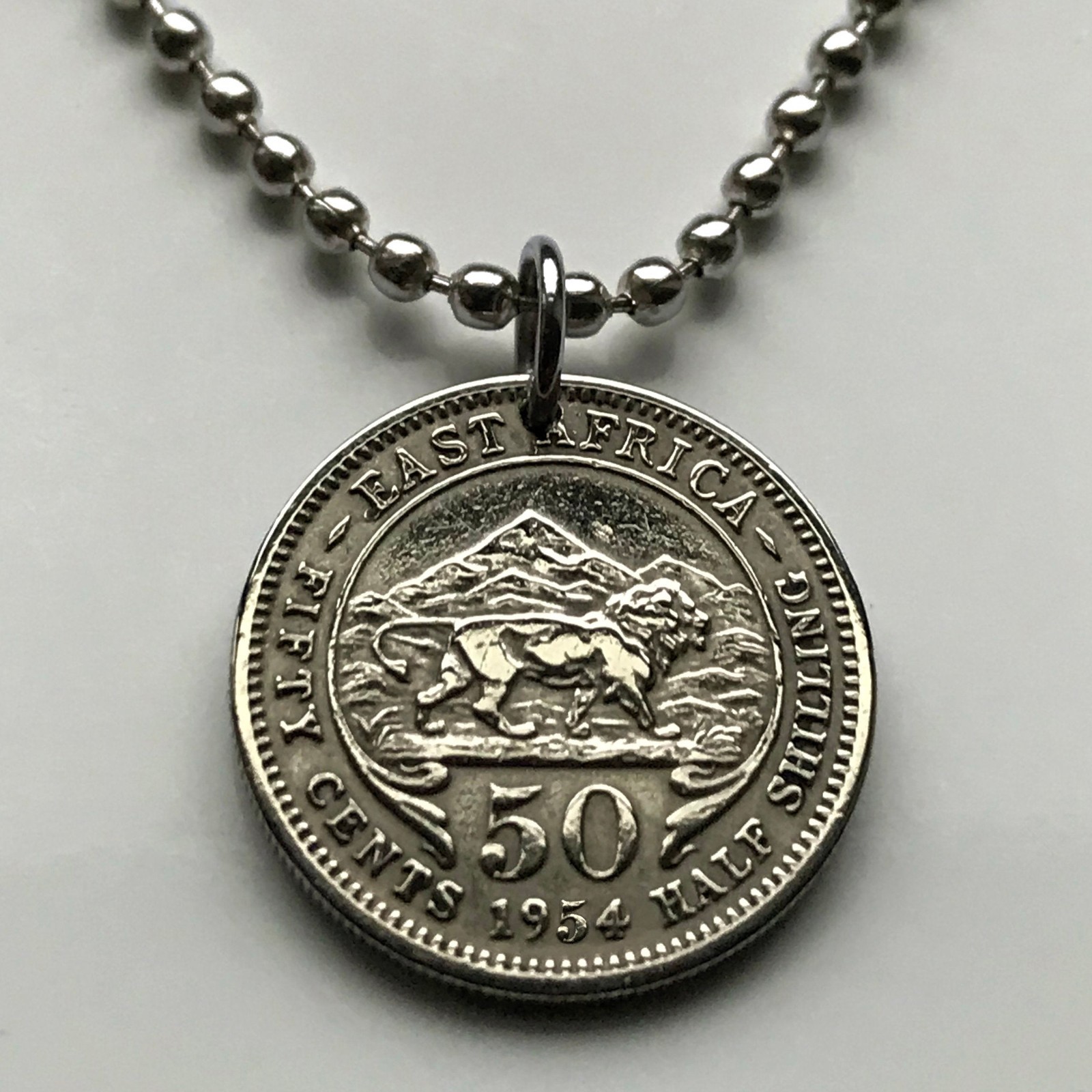 1954 British East Africa 50 Cent coin pendant lion Kenya Tanzania Uganda n001093
