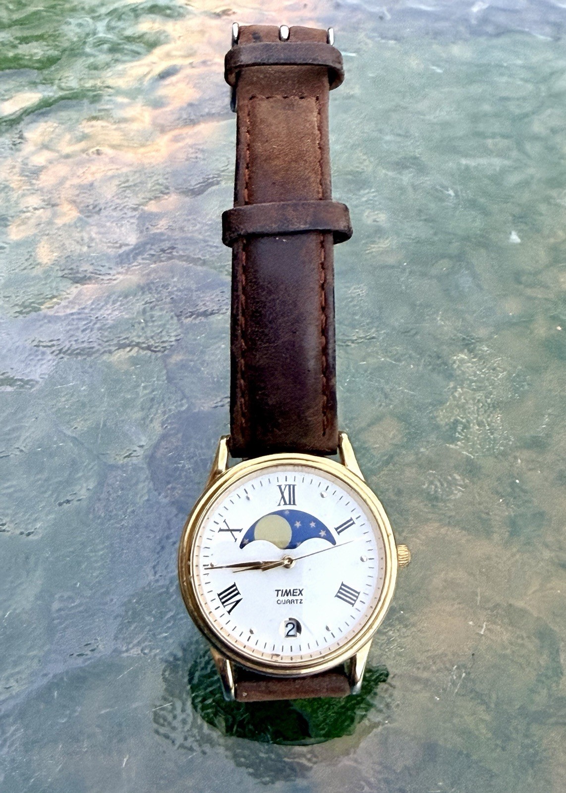 Vtg Timex Moon Phase Watch Unisex Gold Tone New Tan Leather Band, Needs Battery