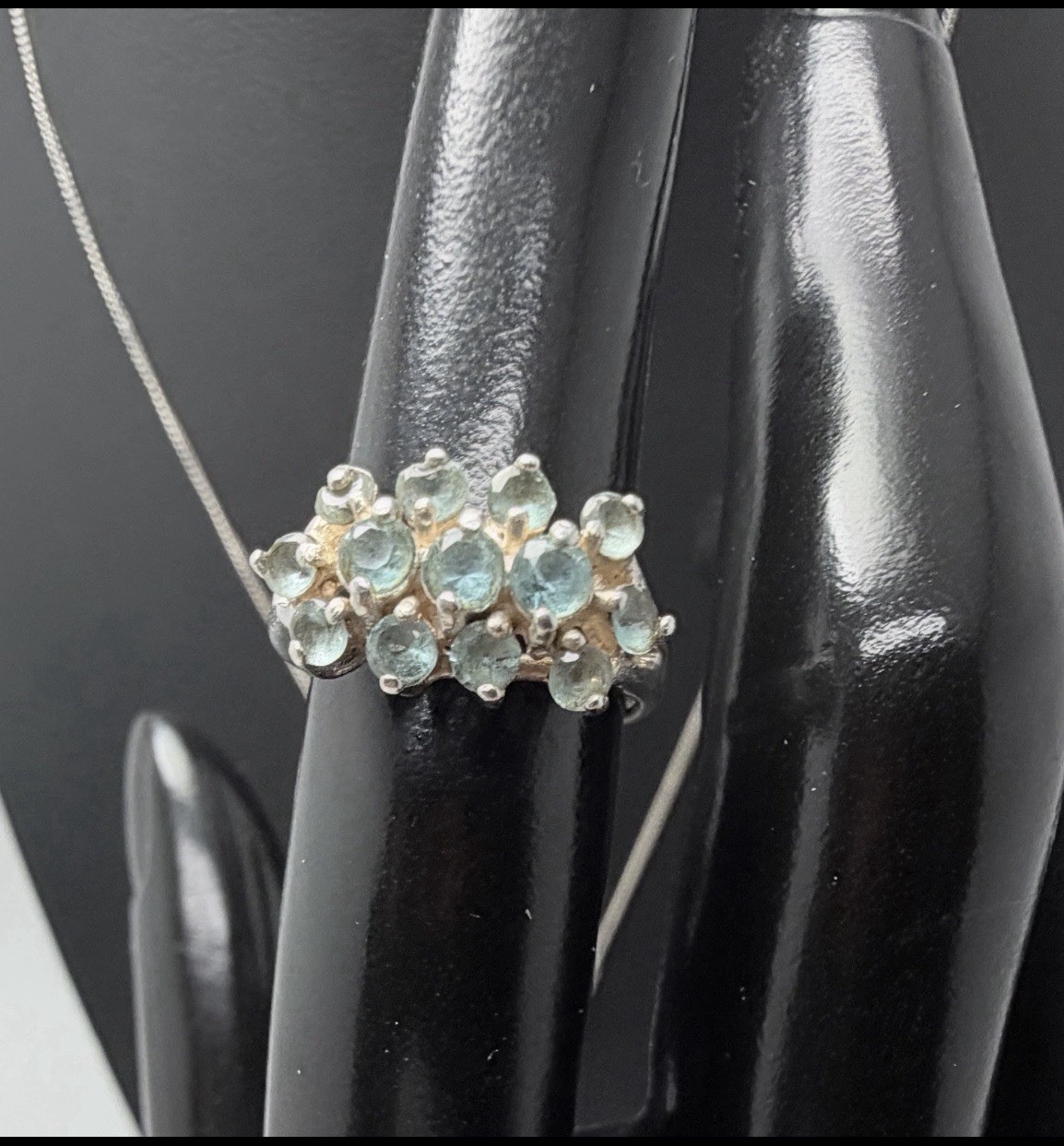 Sterling Silver Aqua Glass Cluster Necklace Ring Set Size 5.25 Gift 18.5 in