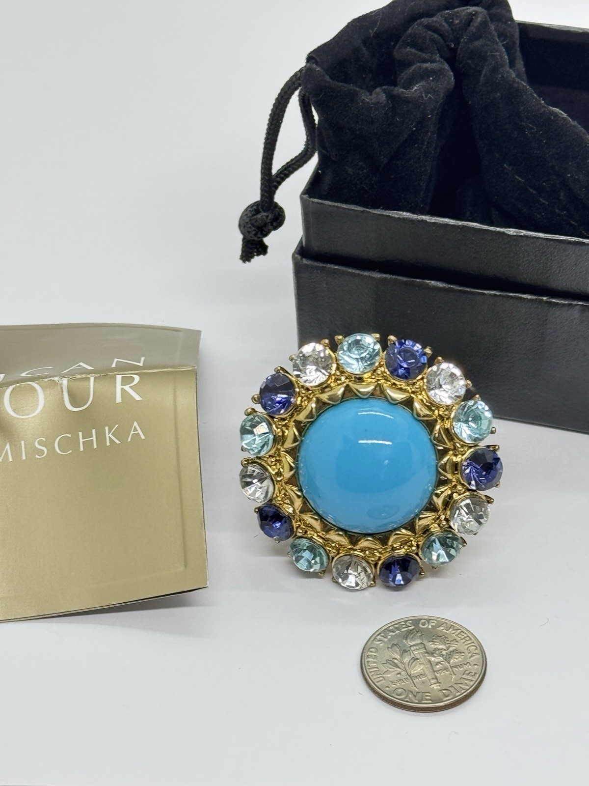 Badgley Mischka Turquoise Blue Clear Rhinestone Cocktail Ring Size 10
