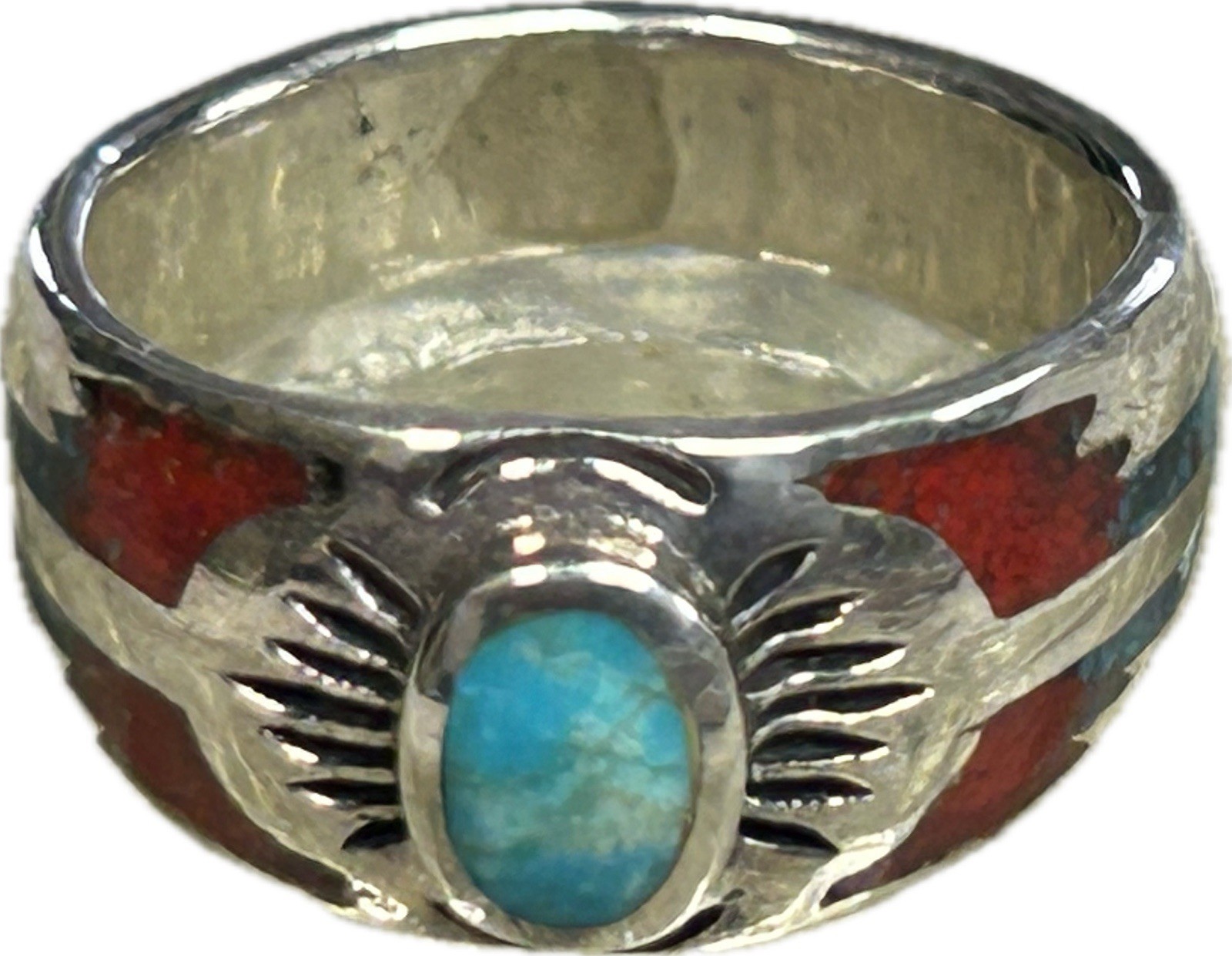Southwest Silver Ring Native American Indian Style Turquoise with Red Coral