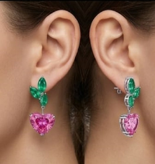 6ct Heart Simulated Pink Ruby/Emerald Drop Stud Earrings 14k White Gold Finish
