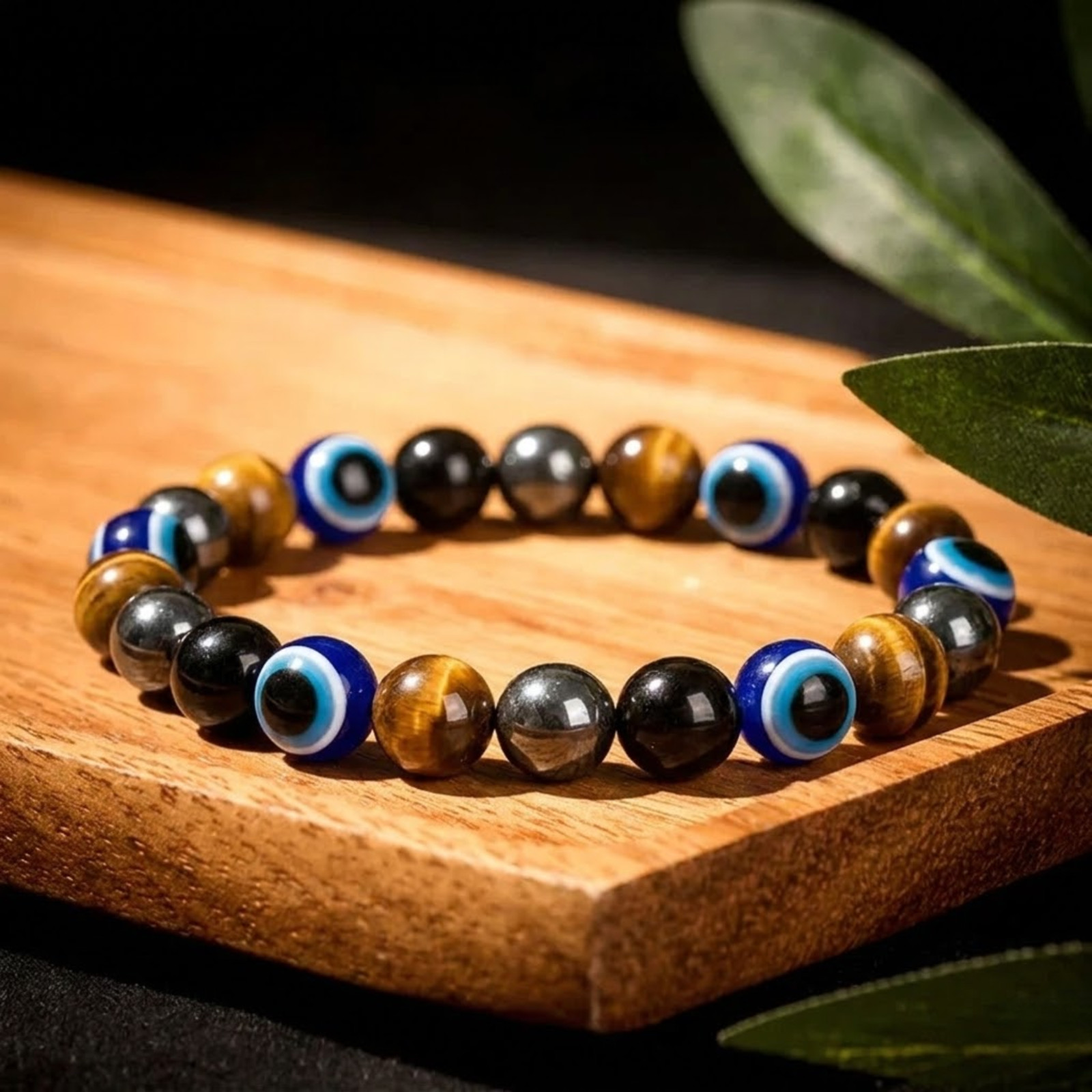 Triple Protection Evil Eye Bracelet 8mm Tiger Eye Black Obsidian Hematite Beads