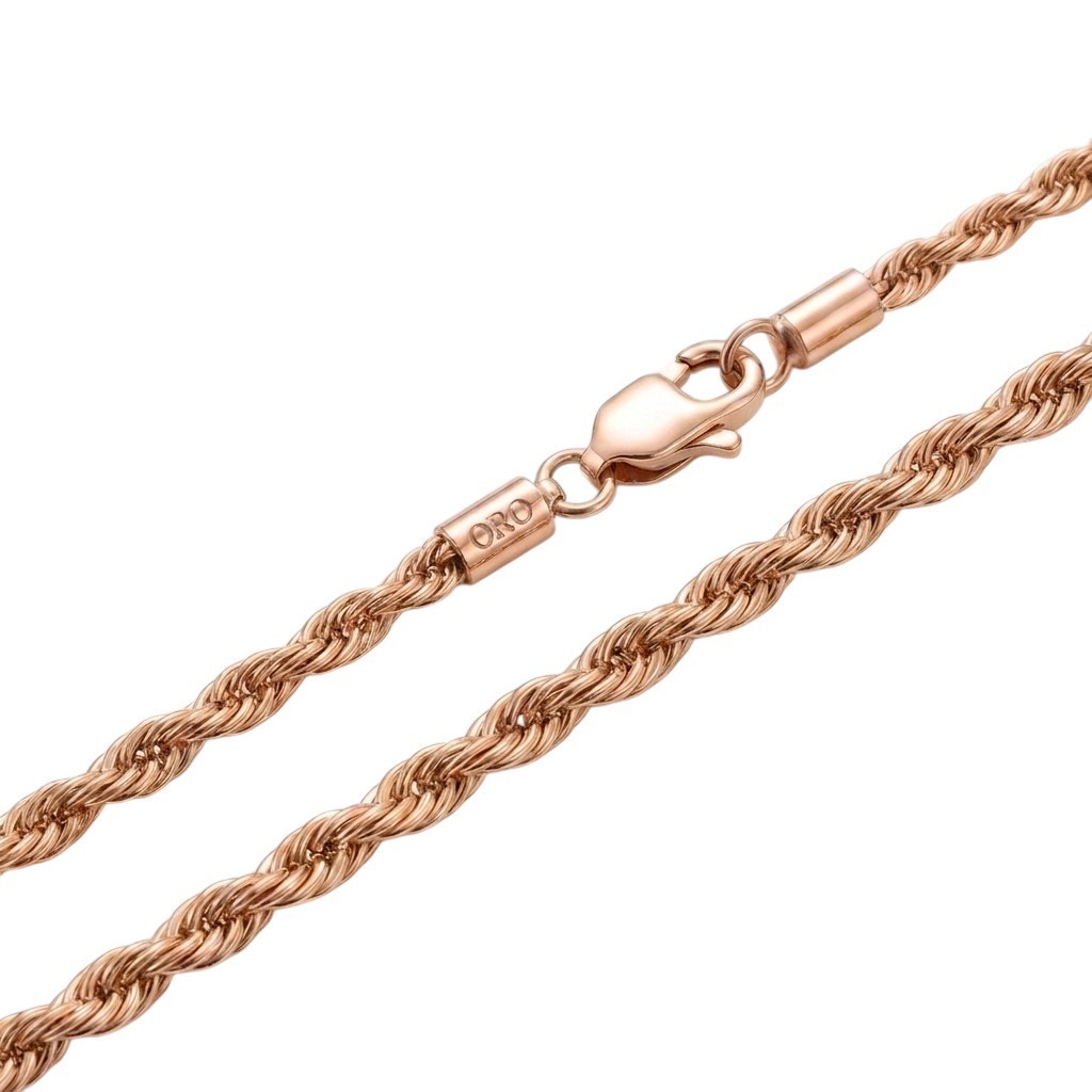 3mm Stainless Steel Rose Gold Rope Chain Necklace Men Women 16-30″ Italian