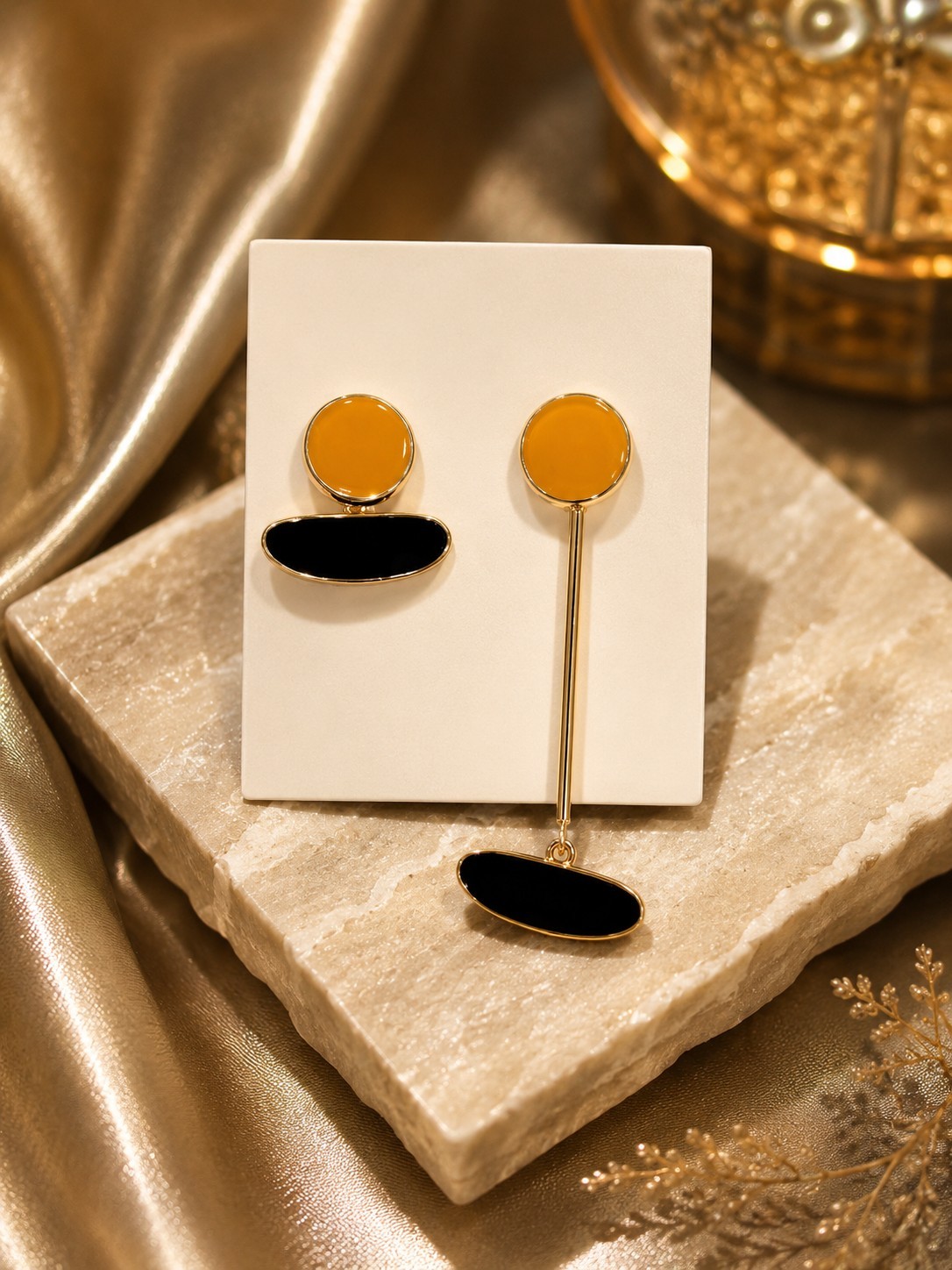 Modern Asymmetrical Gold & Black Drop Earrings | Geometric Statement Earrings