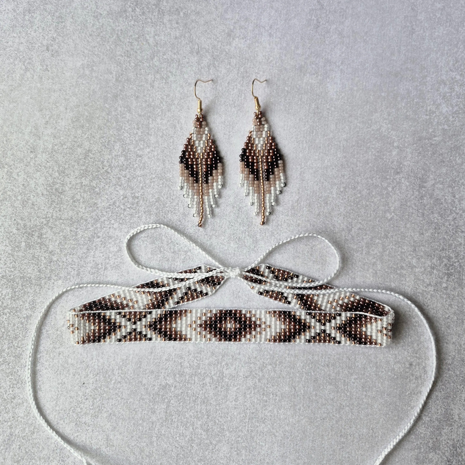 Brown and Gold Ukrainian Beaded Jewelry Set – Handmade Choker Necklace & Fringe