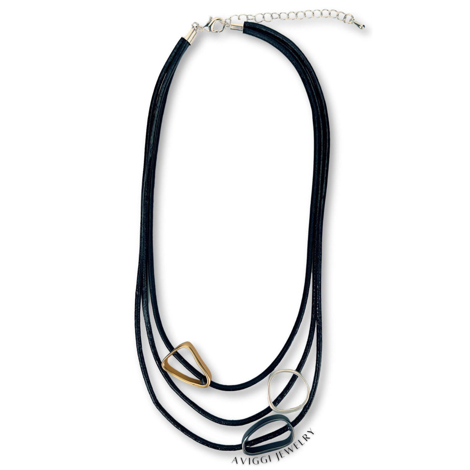 Sculptural Gold, Silver, and Black Accent Necklace, Triple Strand Black Cord