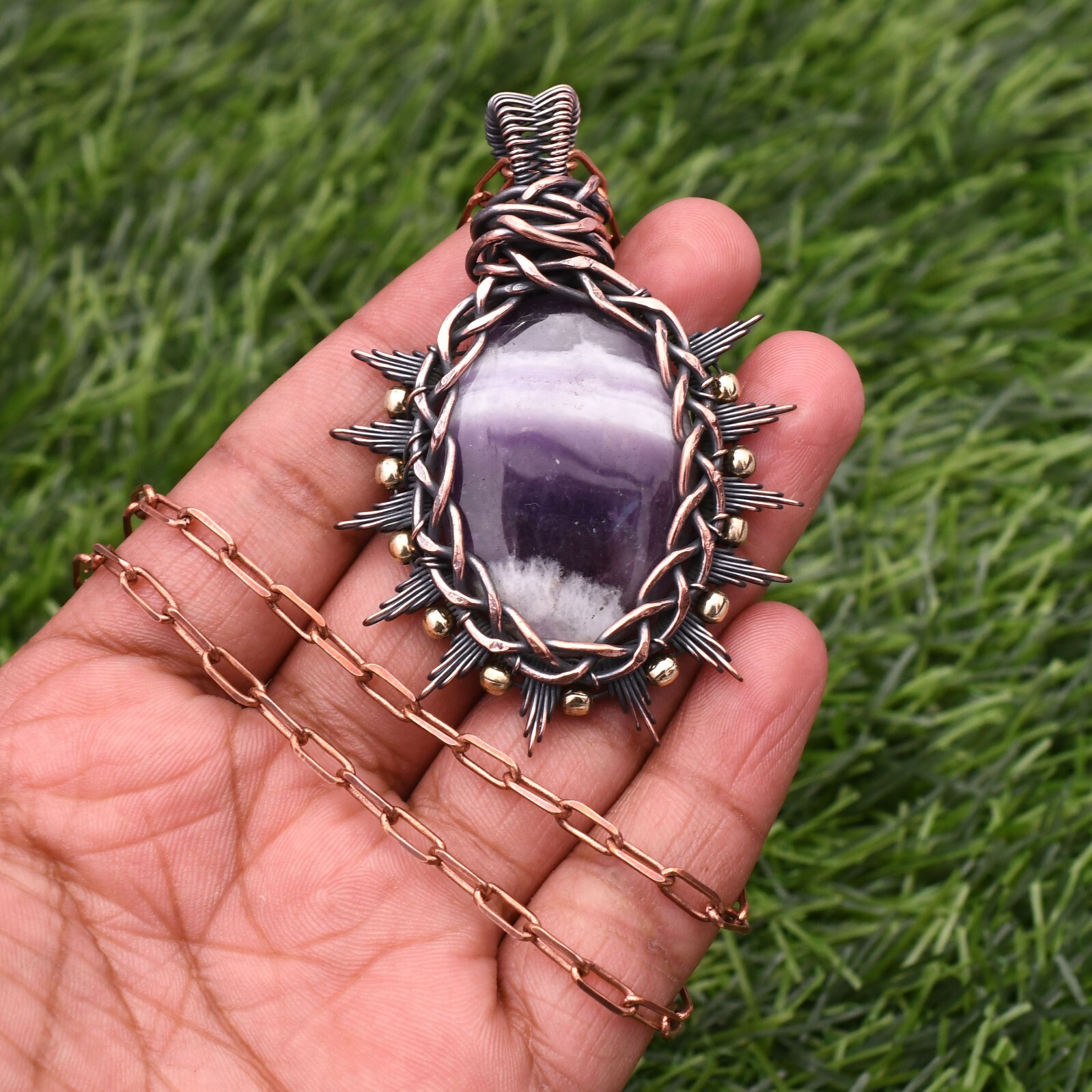 Amethyst Lace Gemstone Copper Wire Wrap Handmade Jewelry Pendant 2.28″