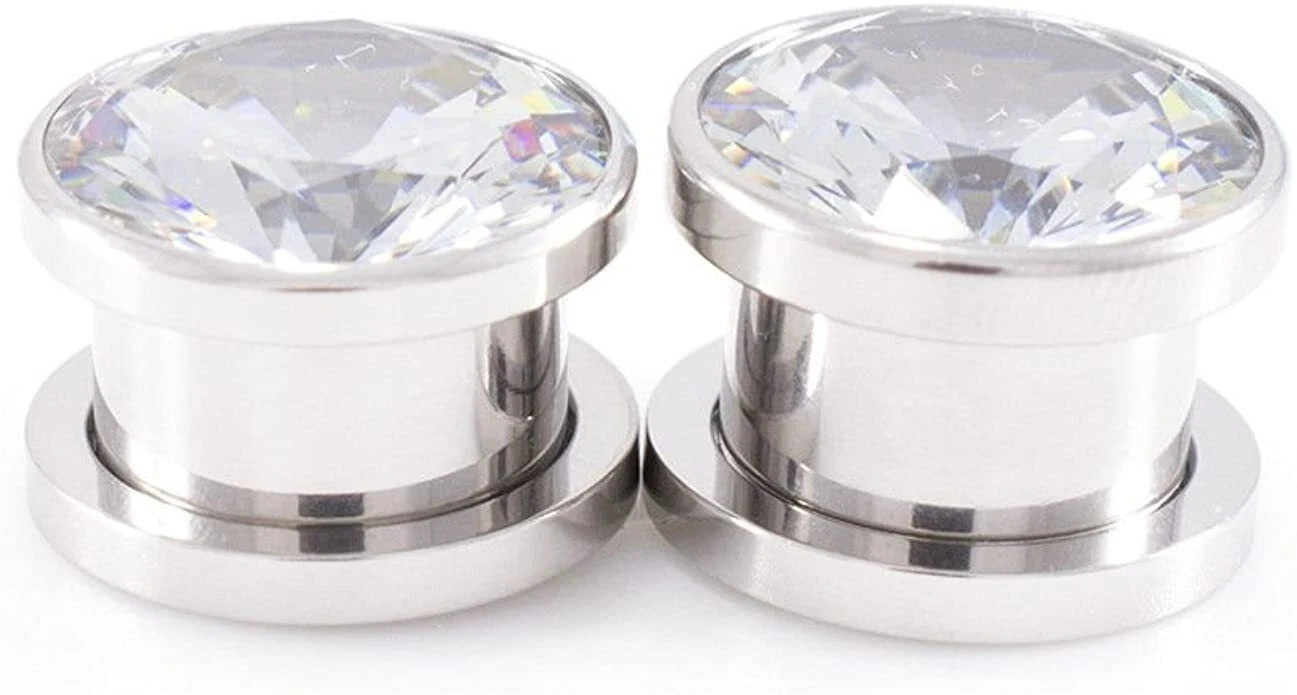 Pair of Ear Plugs Large CZ Gem Screw-Fit 316L Surgical Steel – 4 Color Available