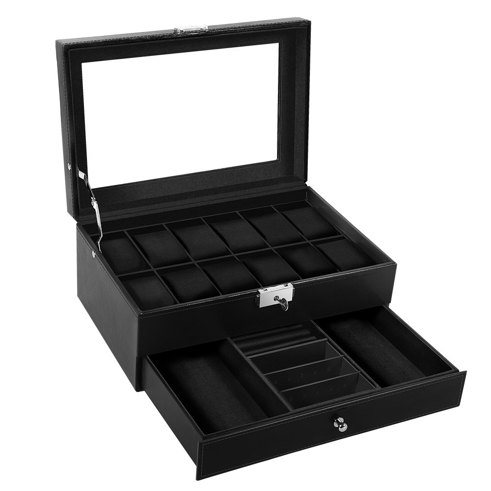 12 Slots Watch Box PU Leather Watch Case Lockable Jewelry Storage Display Case