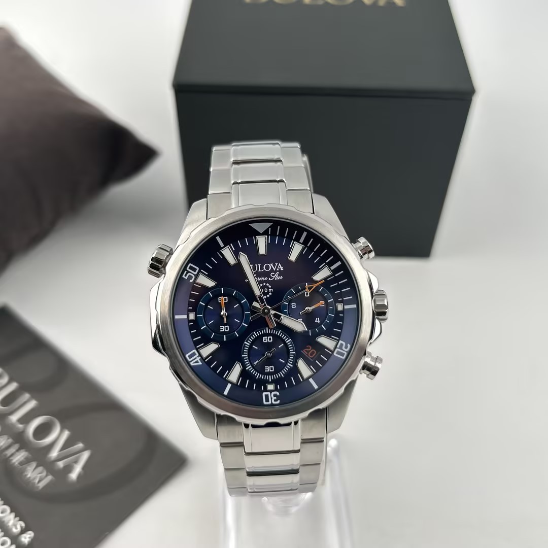 Bulova Men’s Marine Star 96B256 Blue Dial Chronograph Quartz Watch New 43mm