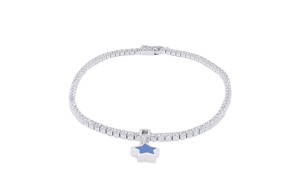 Round Simulated Dangle Star Blue Enamel Tennis Bracelet 6.5″ Sterling Silver