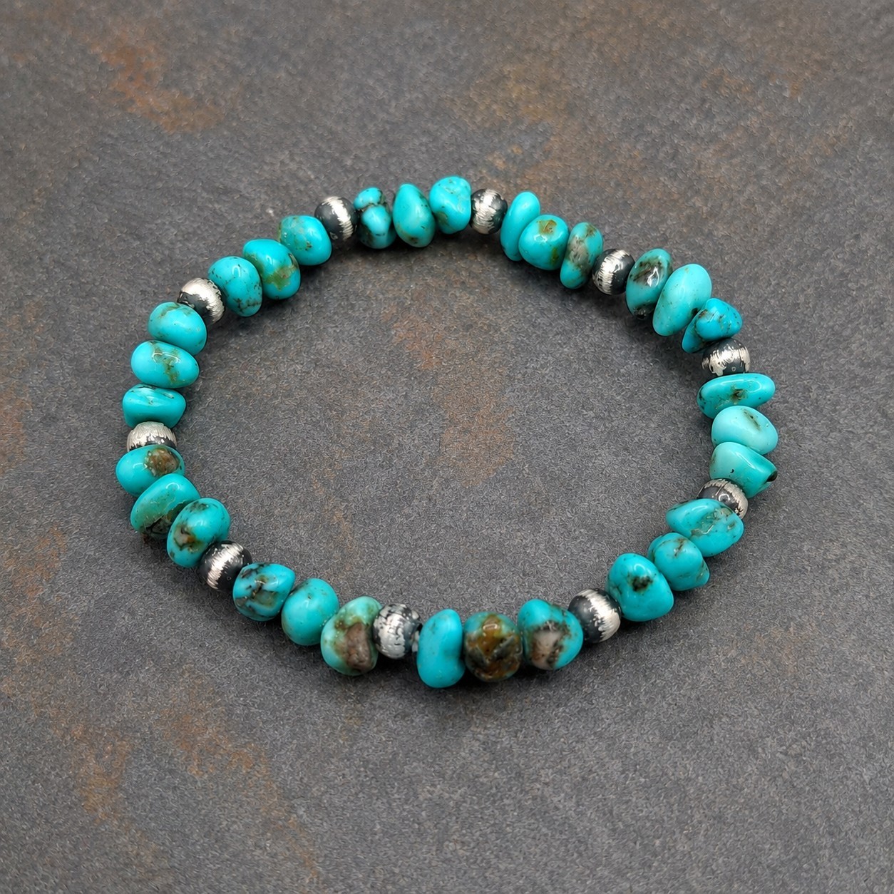 Turquoise Nugget Navajo Pearl Stretch Bracelet Sterling Silver Southwestern 6-7
