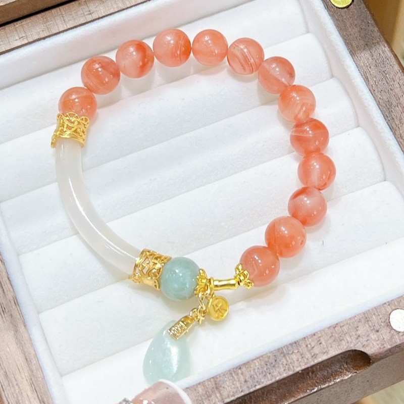 8mm Natural Southern Red Agate and White Agate Handmade Bracelet