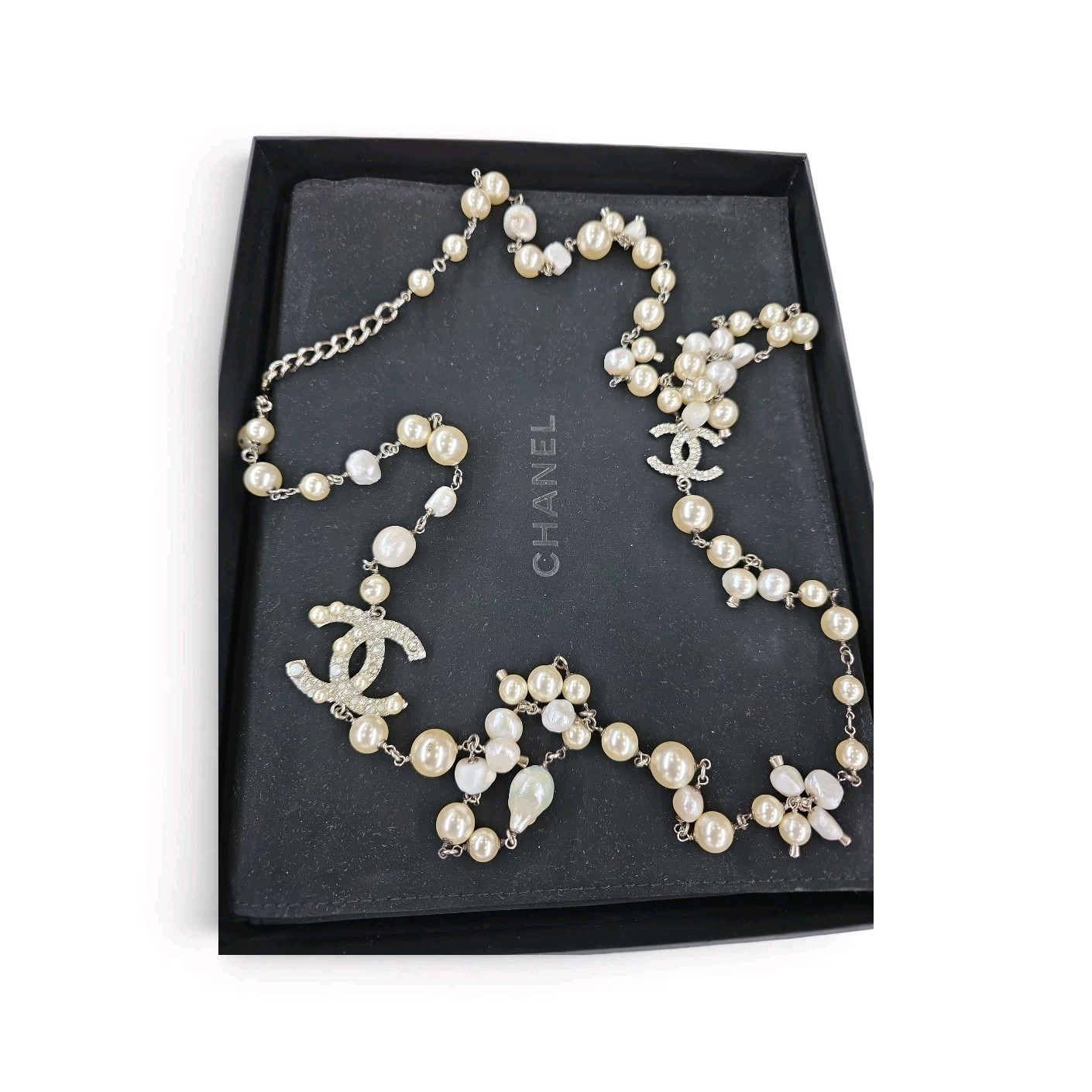 CHANEL Pearl & Crystal Station Chain Necklace w/ CC Logo Charm, Silver Tone