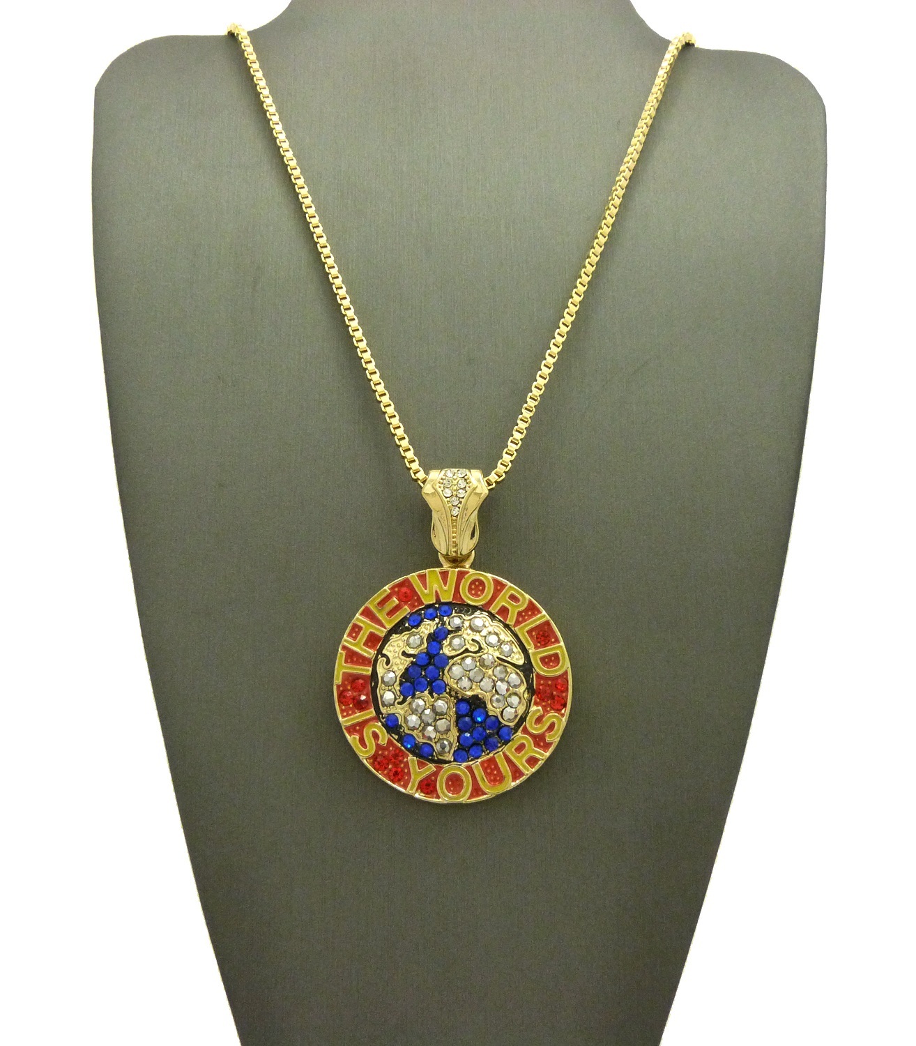 Hip Hop Micro Pave The World is Yours Pendant 2mm 24″ Box Chain Necklace MZ26GBX