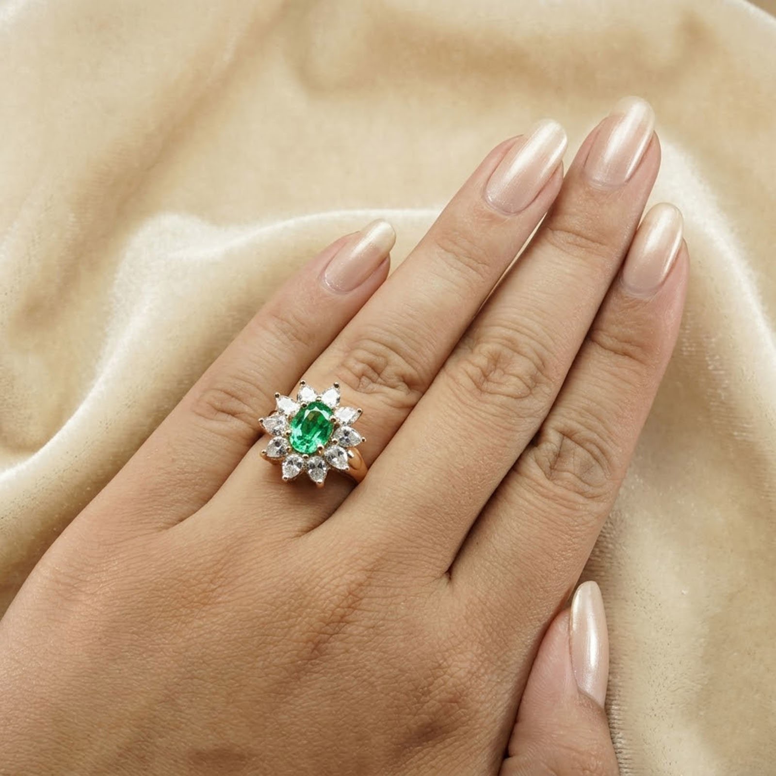 Elegant Vivid Green Emerald 1.65Ct 925 Sterling Silver Rose Gold Floral Rings