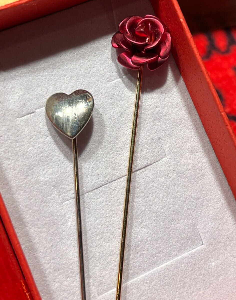 Vintage Two Metal Straight Pins Red Rose 1/2″ & Heart 3/4″ Diameter 1960’s