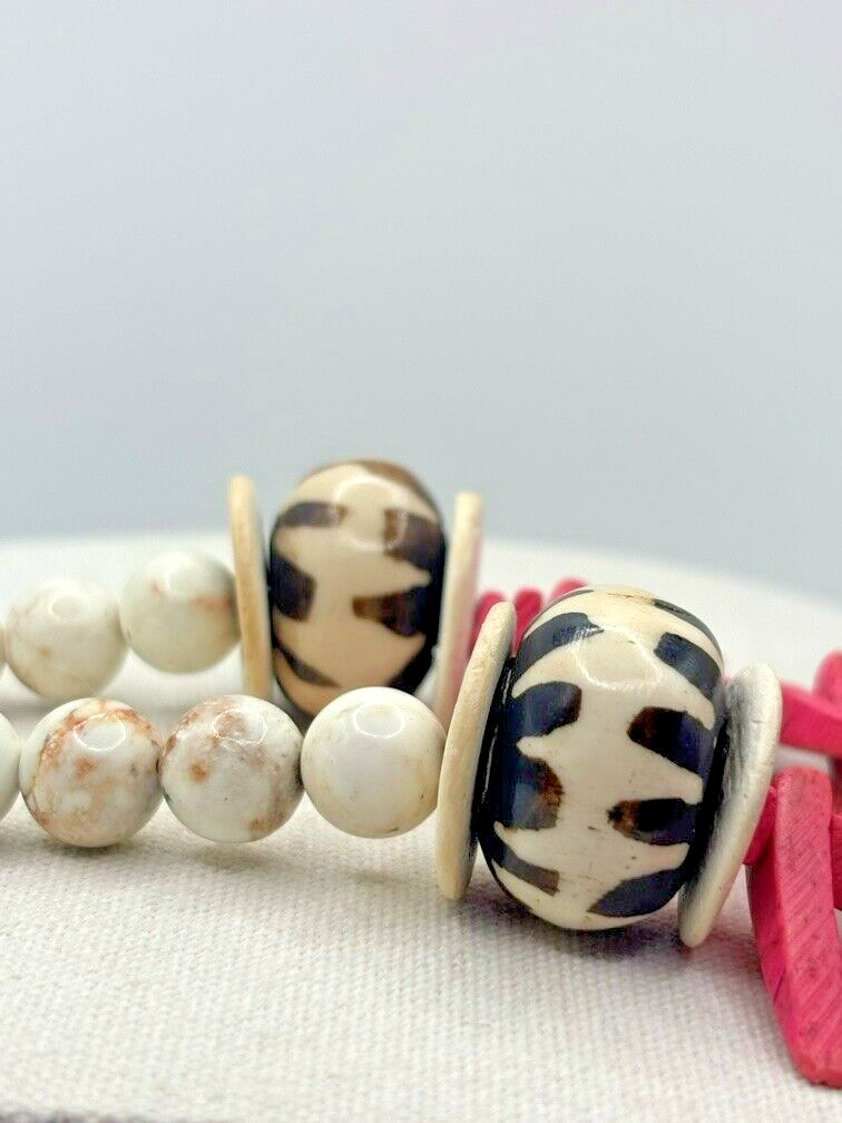 Pink Cocowood Chip Howlite Large Kenya Bone Beaded Horsehair Pendant Necklace