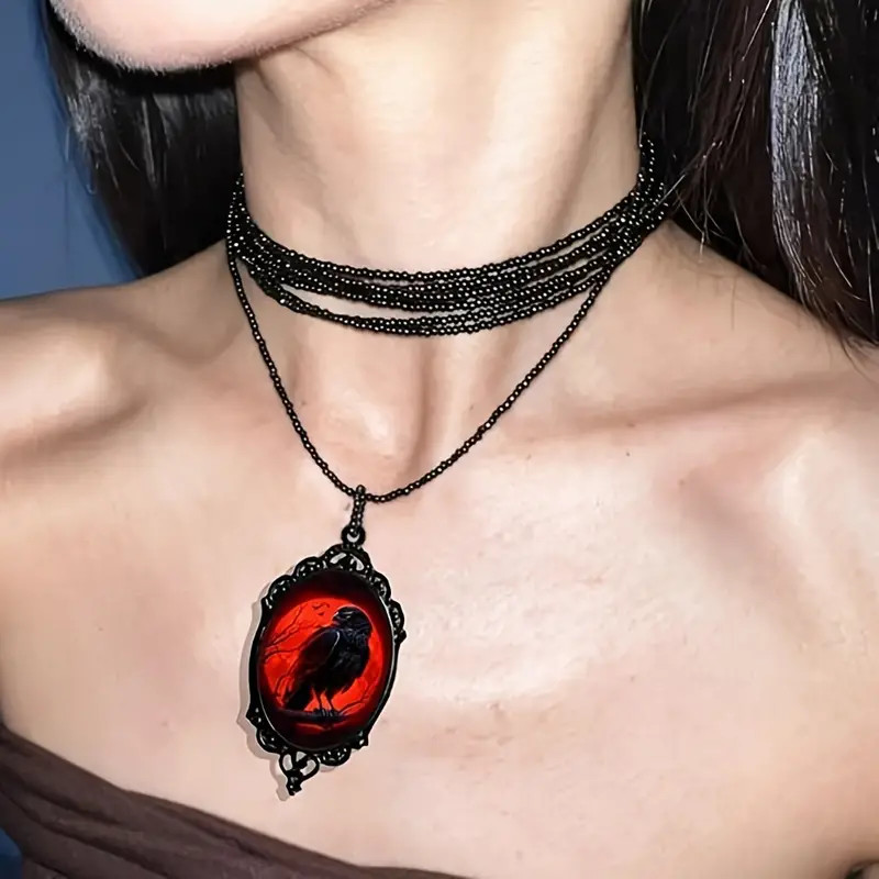 Raven Crow Bird Gothic Pendant Jewelry Vintage Vintage Black Necklace B