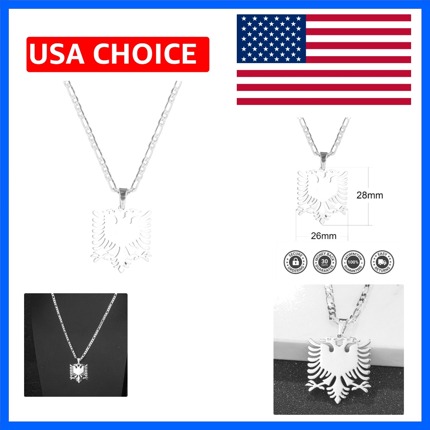 18K Gold Plated Albania Eagle Pendant Necklace for Women Men Polishing Stainl…