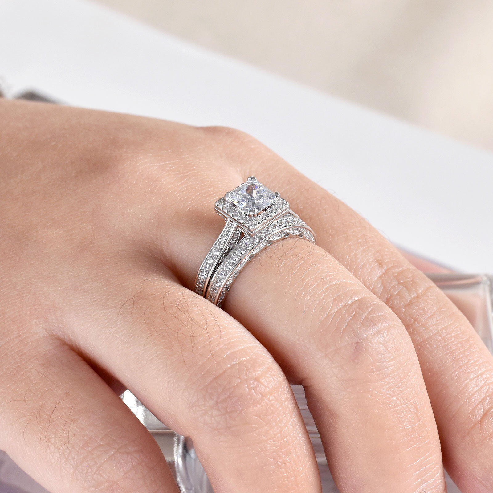 Women 2ct Princess AAAA Cz 925 Sterling Silver Wedding Engagement Ring Set 4-13