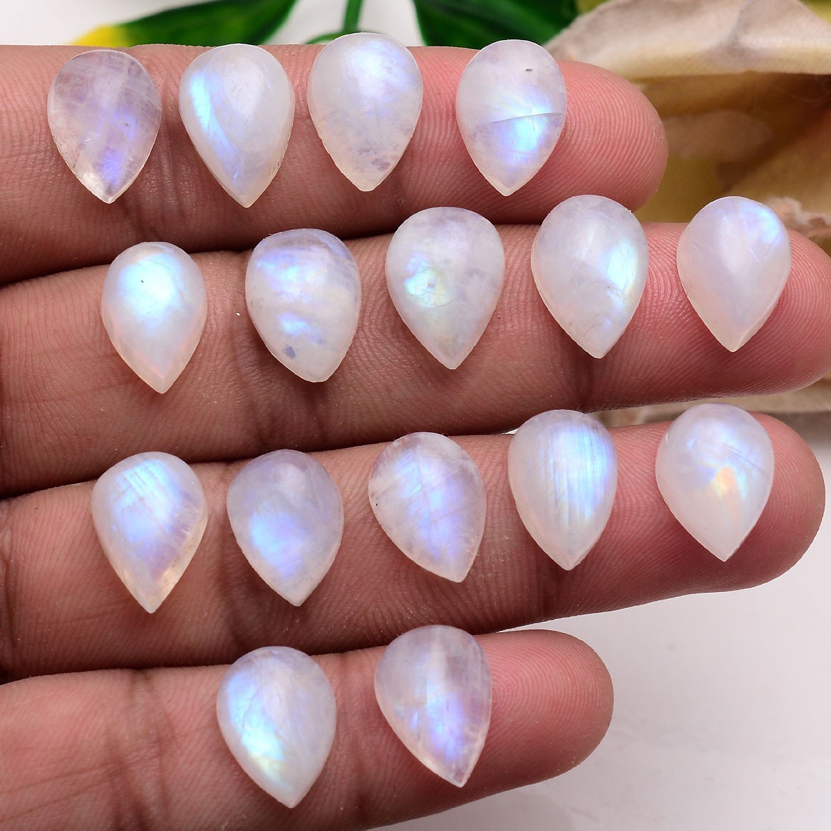 Set 16 Pcs Natural Moonstone Blue Shine 13.25mm-14.50mm Pear Cabochon Gemstones