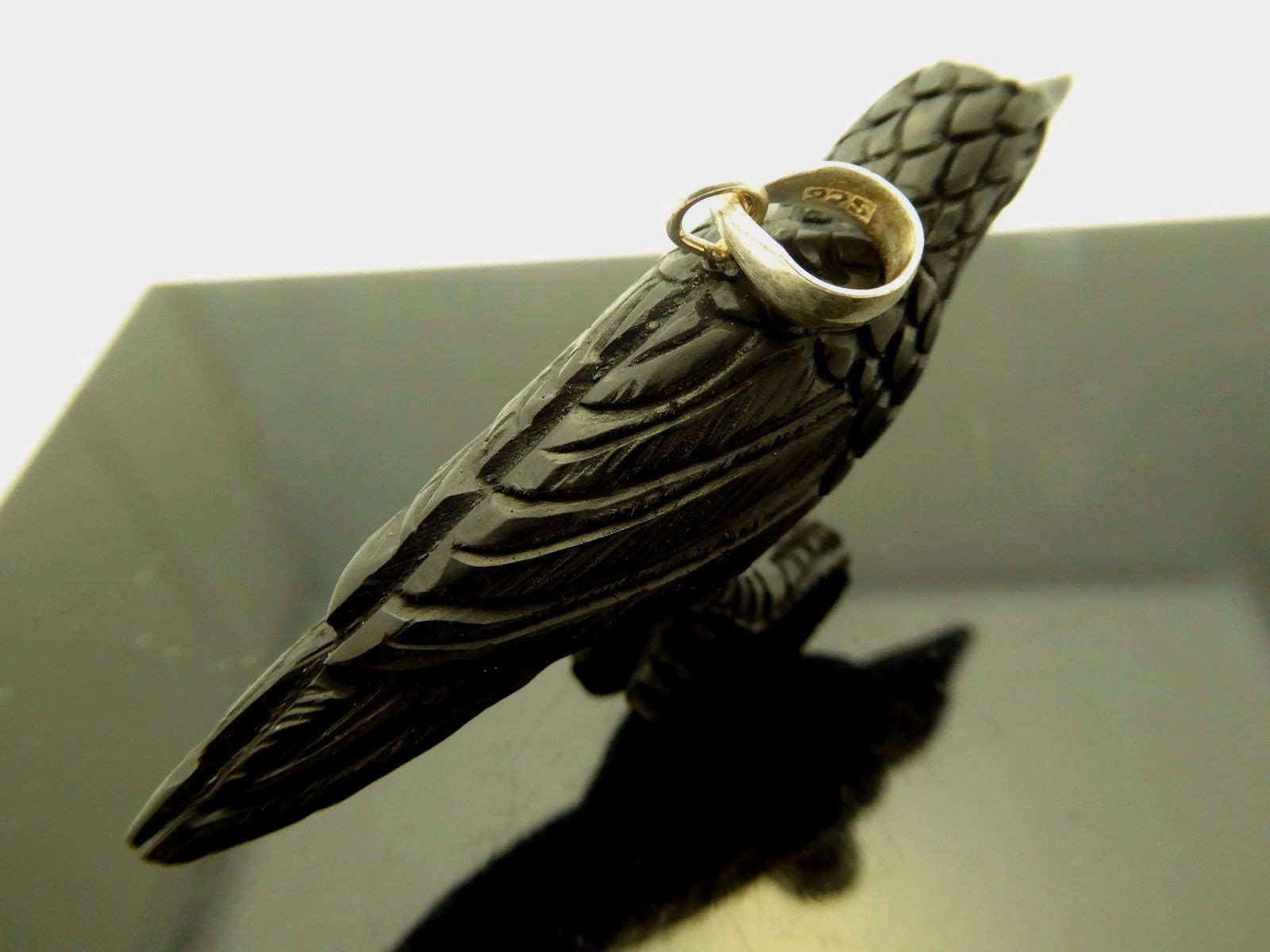 Black Crow Water Buffalo Horn Sterling Silver 3D Bird Pendant Talisman Necklace