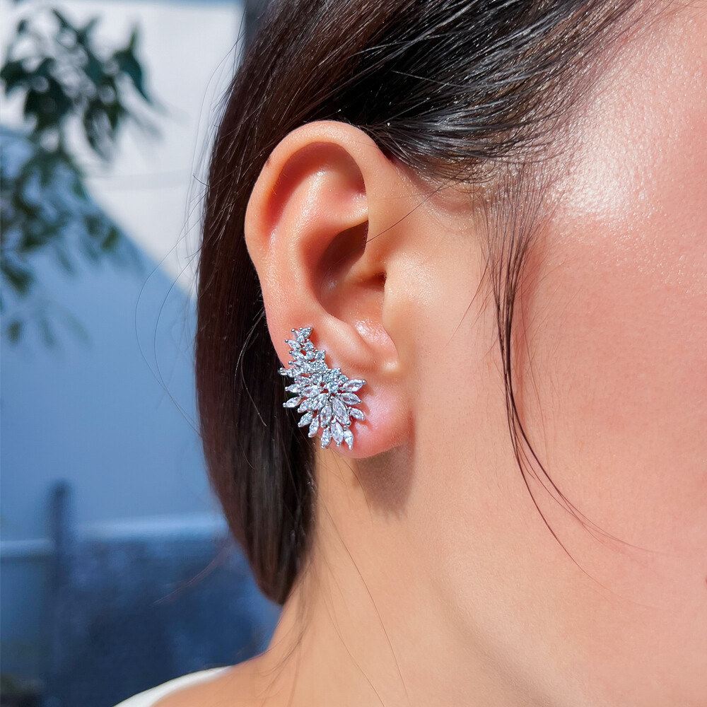 Silver Plated Symmetrical Cubic Zirconia Ear Cuff Climber Wedding Stud Earrings