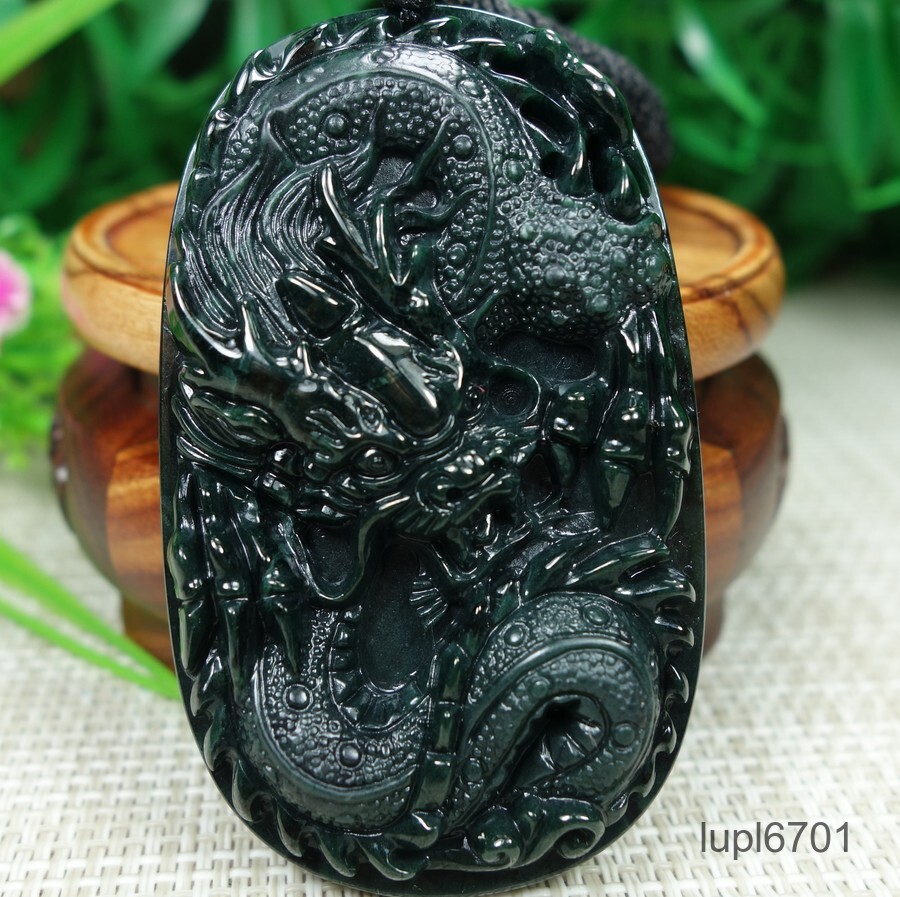 Certified Black green Burma Type A 100%Natural A Jadeite Jade Pendant~Dragon墨翠龙