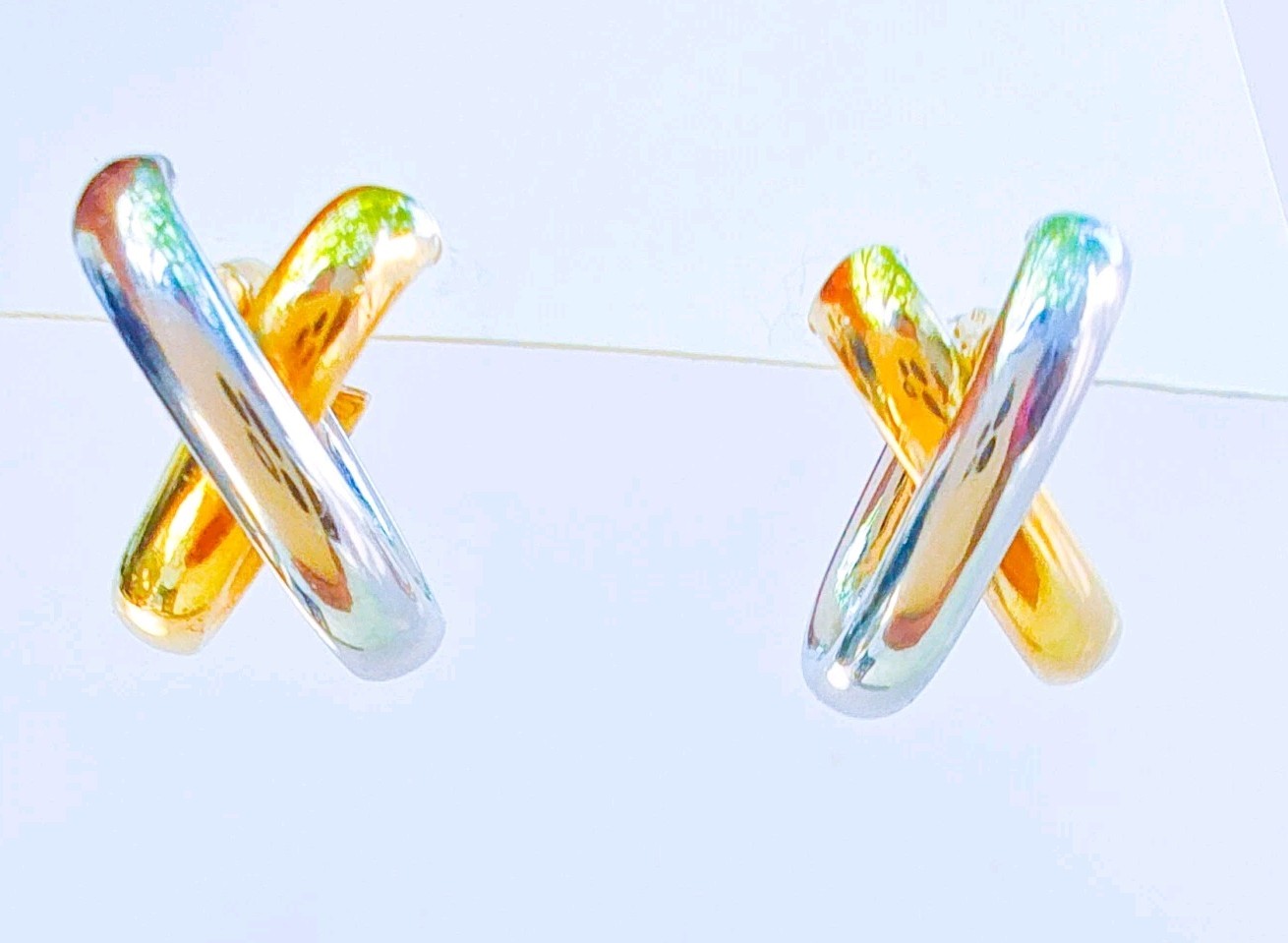 14K Two‑Tone Gold X‑Design Earrings • 2.50g • Snap‑Bar • Marked 14K Israel