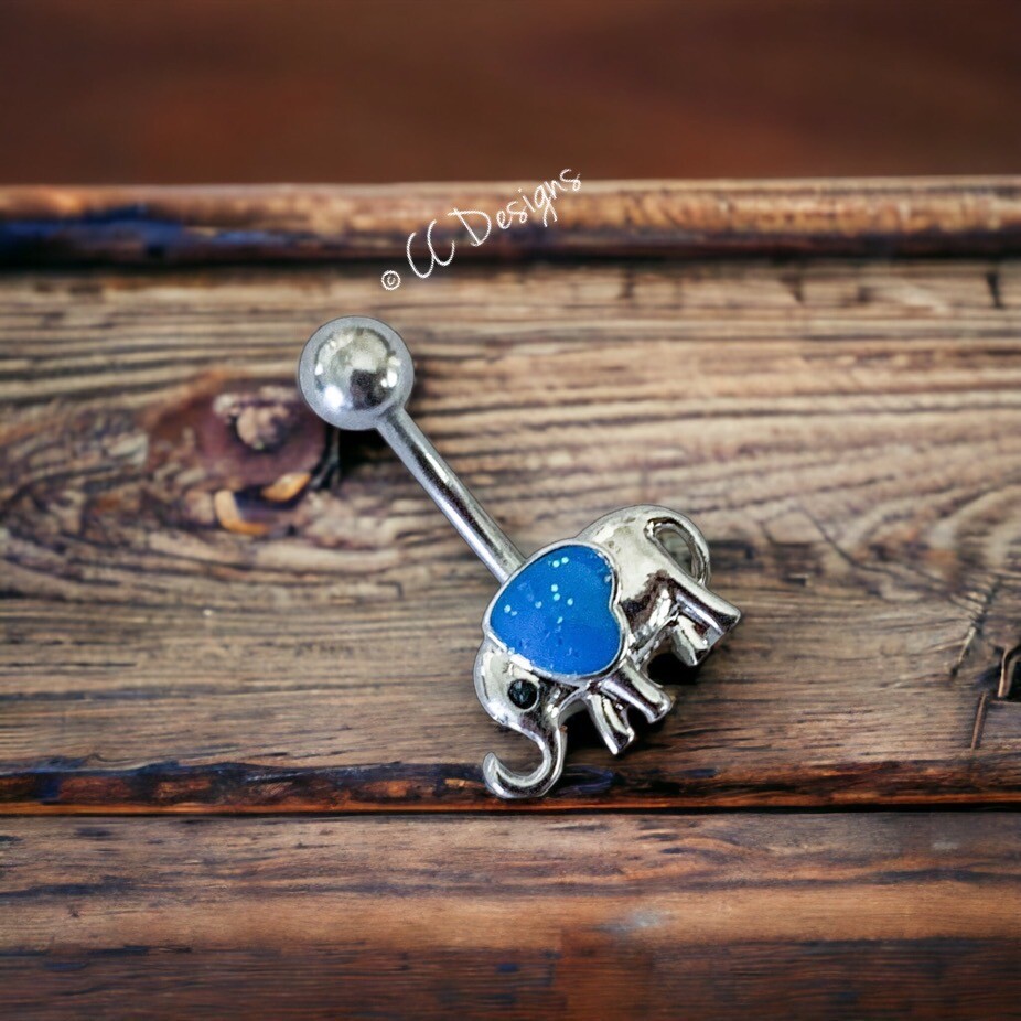 14g Blue Sparkle Enamel Heart Elephant Belly Button Ring