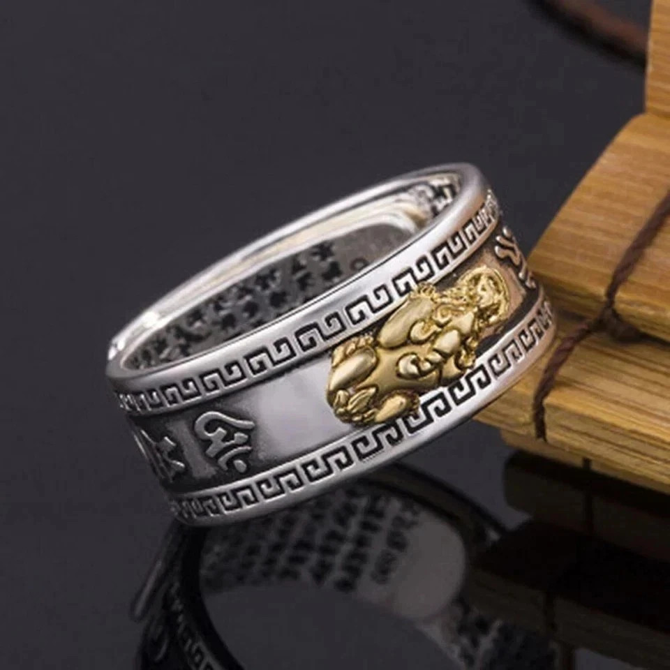 Feng Shui Pixiu Adjustable Ring Silver Plated Buddhist Mantra LuckyAmulet Unisex
