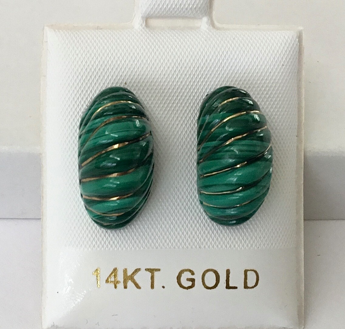 Natural Green Malachite Solid 14K Yellow Gold Dome Earrings NEW