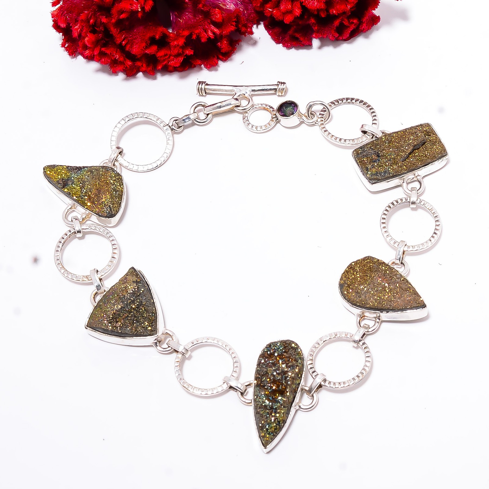 Golden Pyrite Druzy & Mystic Topaz 925 Silver Bracelet Adjustable 7-7.99″ B10272
