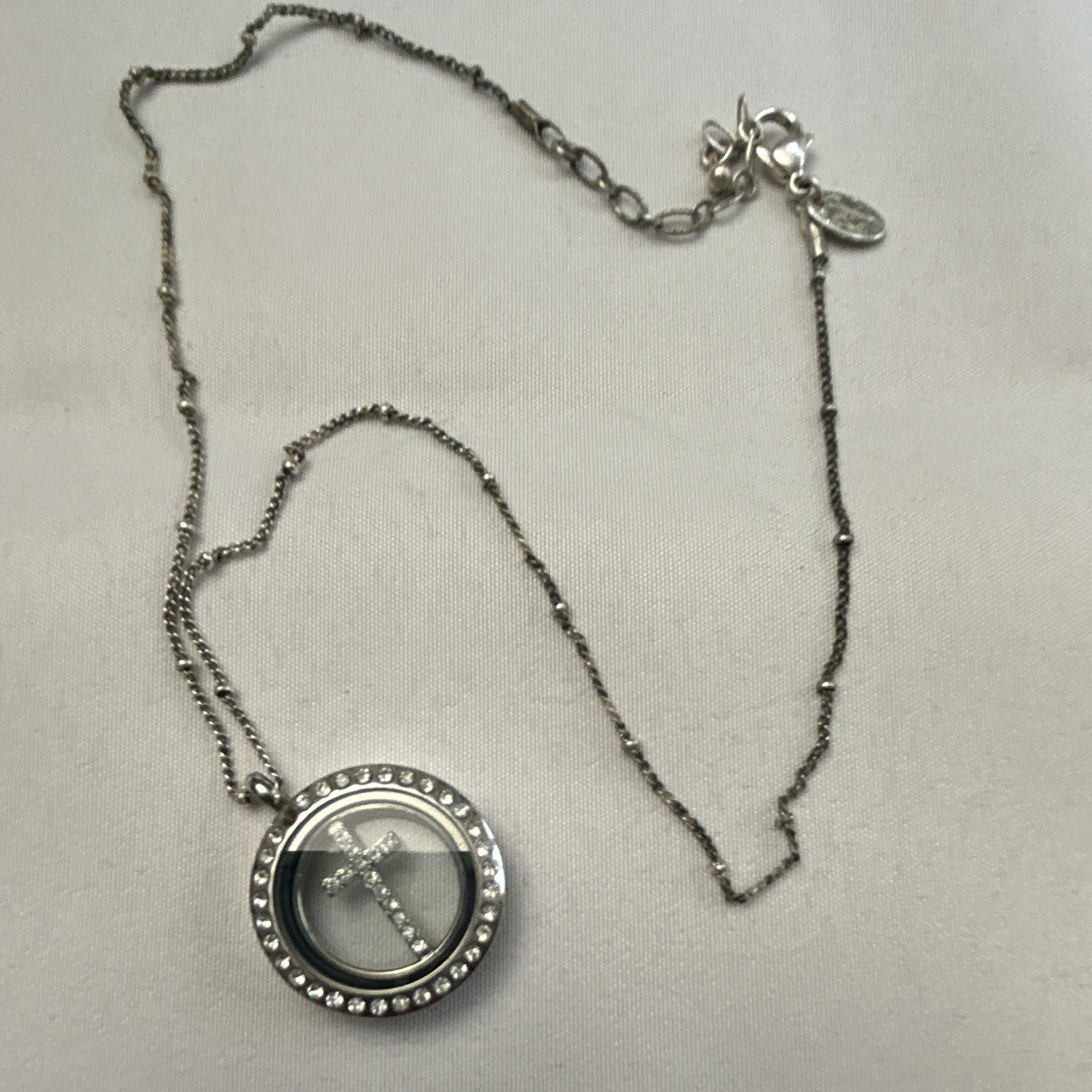 Silver Tone Cable Chain Necklace Round Cross Crystal Pavé Halo, Adjustable