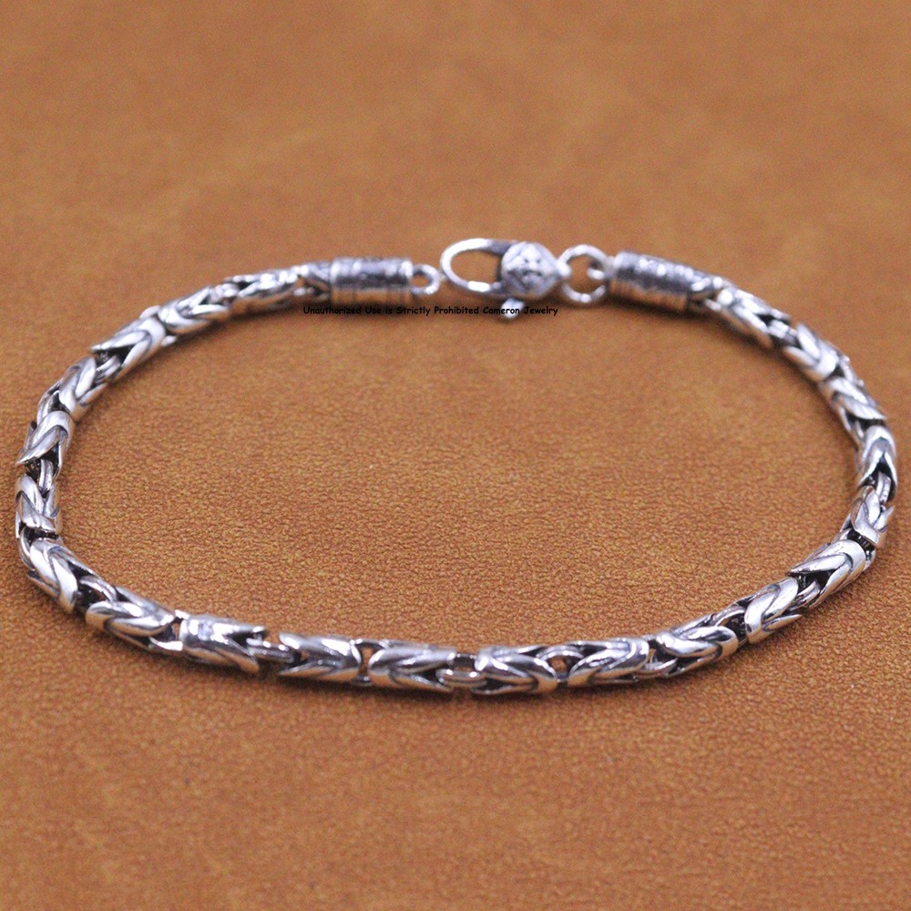 Pure S925 Sterling Silver Bracelet Men 4mm Byzantine Link Chain 16-17g 8.26inch